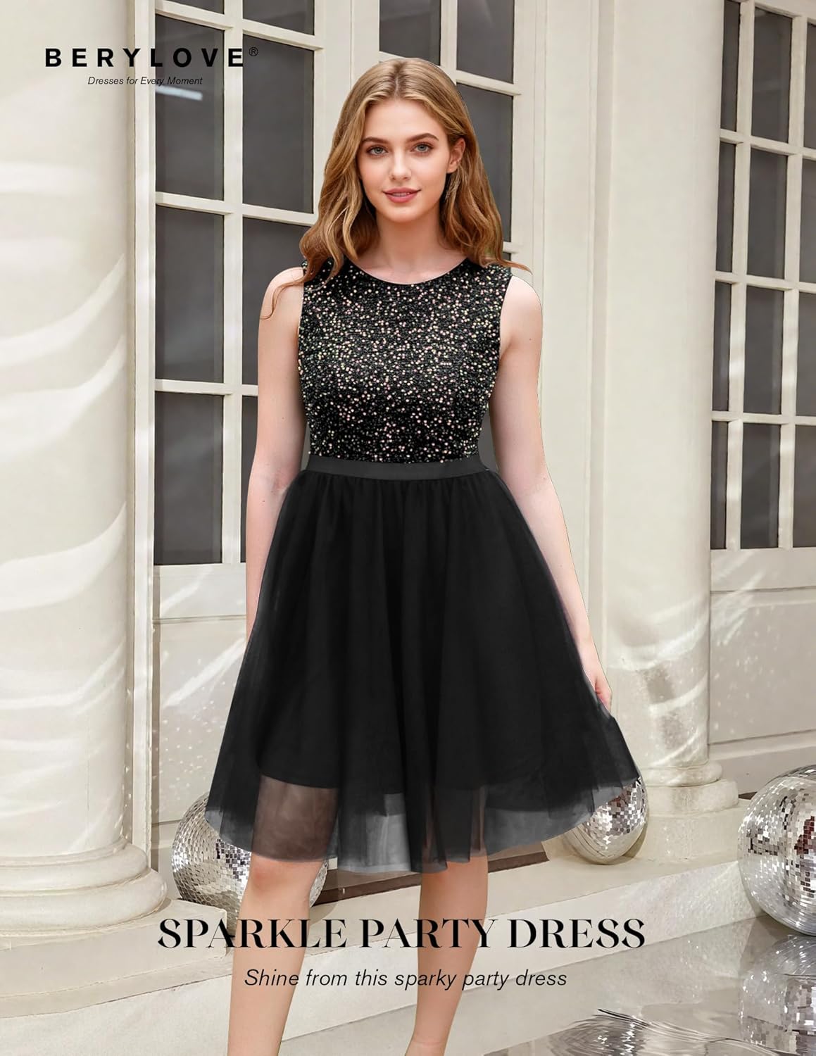 BeryLove Sequin Dress Vintage A Line Wedding Formal Swing Tulle Dress Sleeveless Cocktail Mini Dress - Image 2