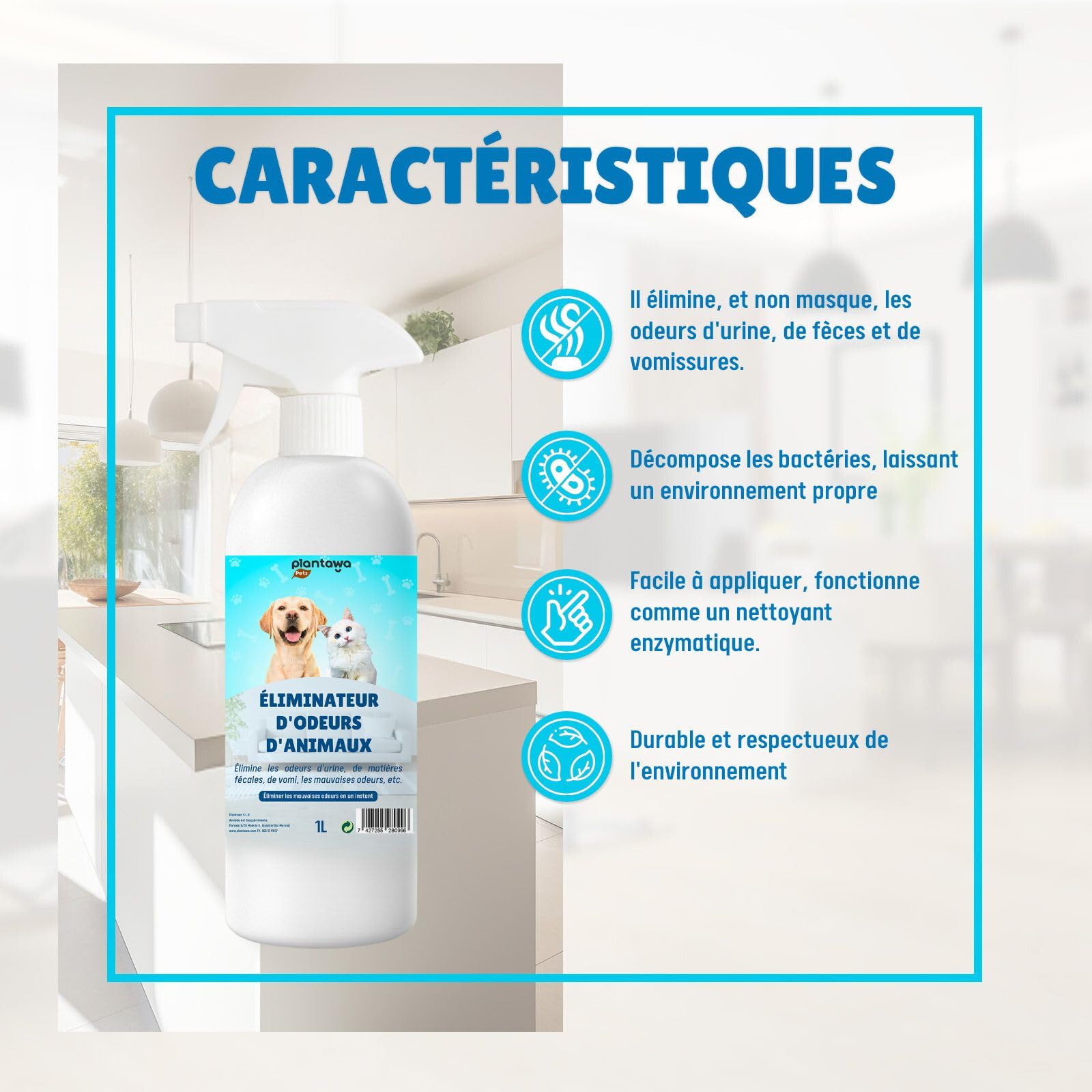 PLANTAWA Éliminateur instantané d'odeurs d'animaux domestiques 1 l. Neutraliseur Enzymatique Odeurs Urine Fèces Vomissements. Intérieur et extérieur, Patio Jardin. Anti Odeur Urine Chiens Chats.