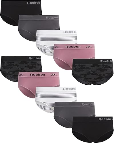 Reebok Bragas hipster para mujer, paquete de 10 unidades, ropa interior elástica sin costuras con cintura relajada sin etiqueta (tamaños S-XL),