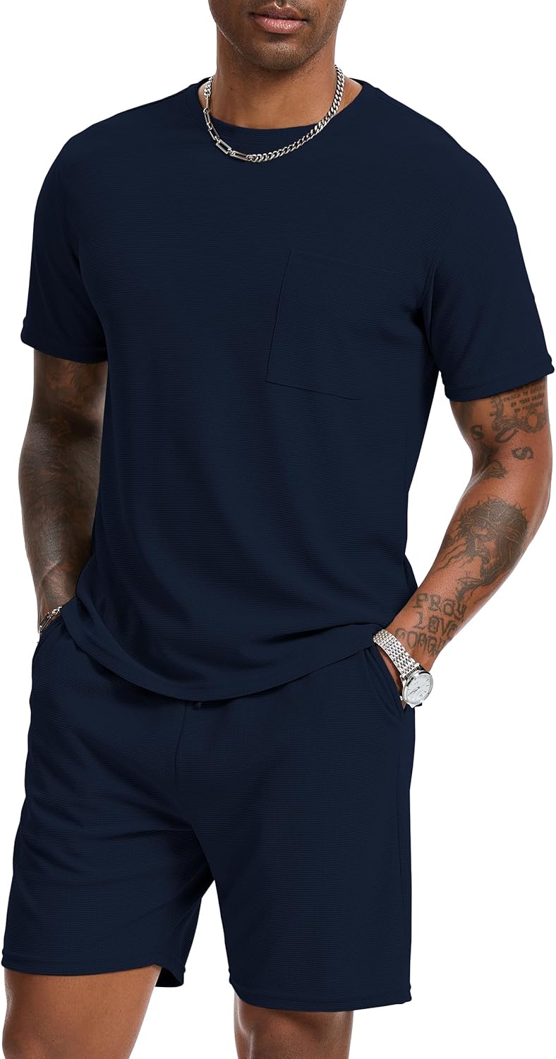 H Hellisal Mens Short Sets 2 Piece Outfits Fashion Summer Tracksuits Casual Set Short Sleeve and Shorts Set for Men