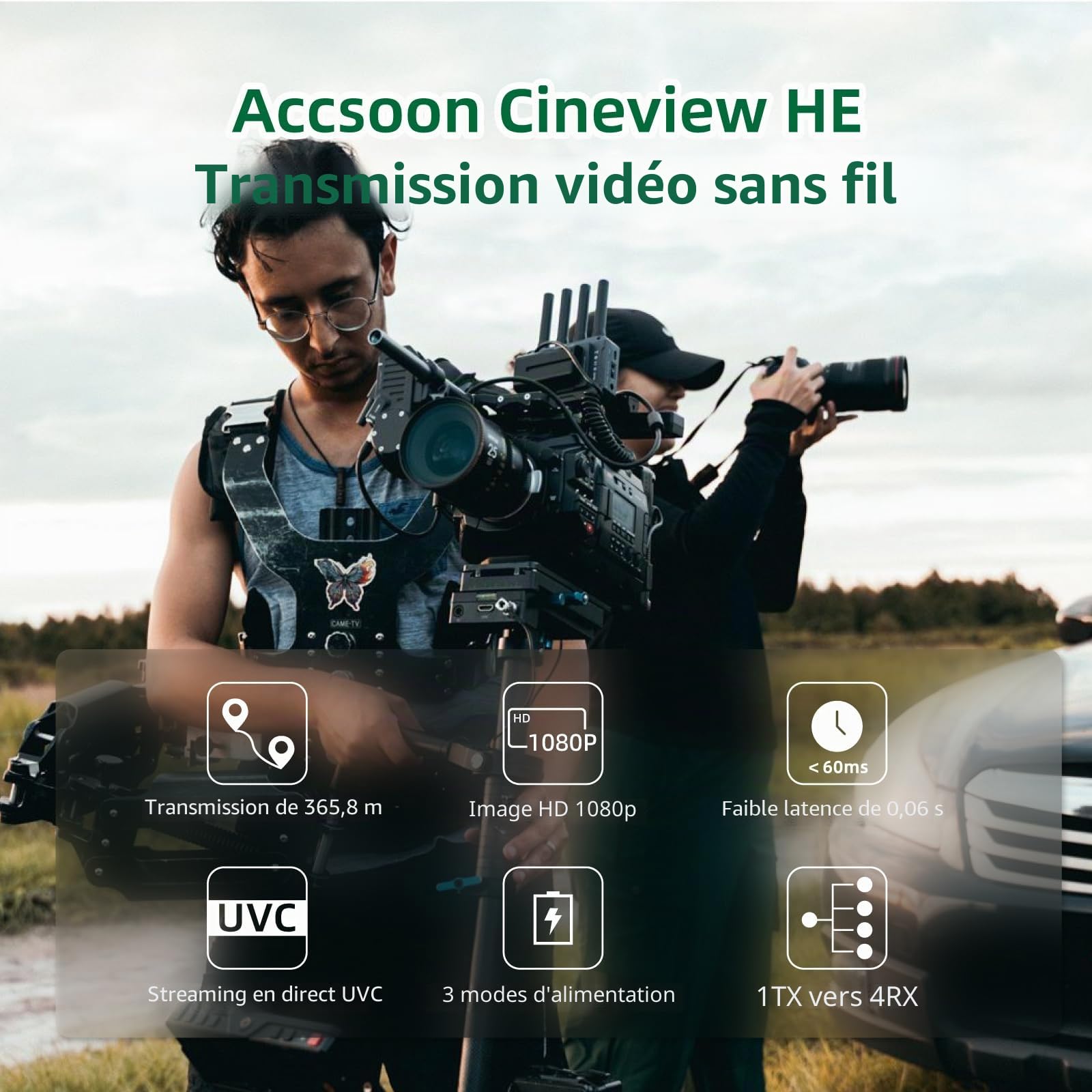 Accsoon Émetteur CineView HE - Transmetteur Vidéo Sans Fil Professionnel 2.4G/5GHz avec Sortie HDMI Loop-Out, Écran OLED, Faible Latence <0.06s, Portée 350m, surveillance de 4 appareils