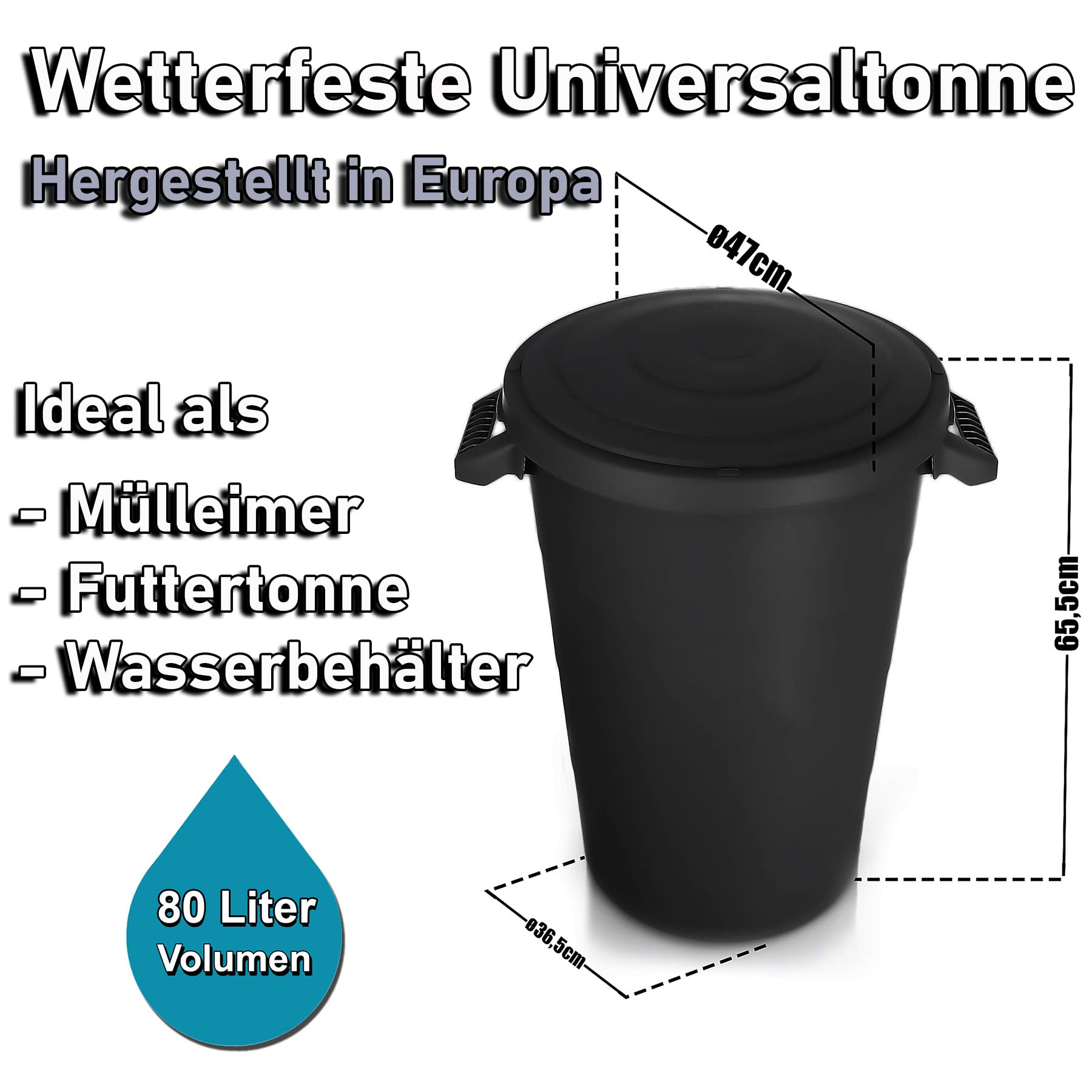 BigDean 80 Liter wetterfeste Universaltonne mit Deckel und Tragegriffen Schwarz Regentonne Mülleimer Indoor Outdoor