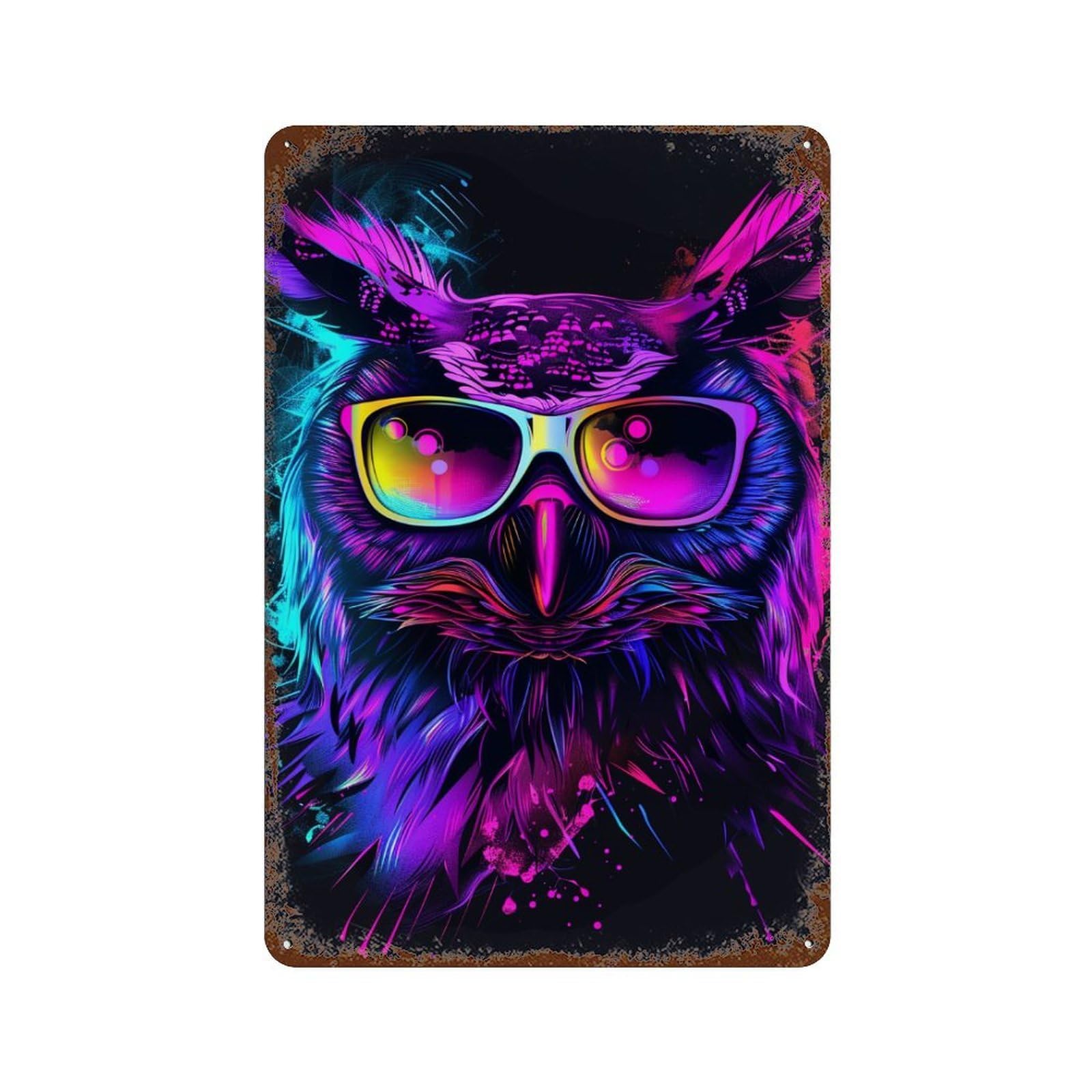 Vintage Rust Metal Sign Neon Owl Sunglasses Art Print 11.8"x7.9", Old School Wall Decor for Garage, Bar And Workshop Decor