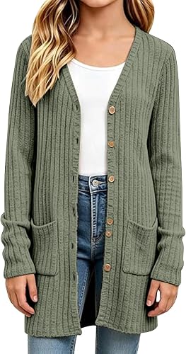 Girls Cardigan Sweater Long Button Down Knit Sweater Fall 5-16 Y Army Green