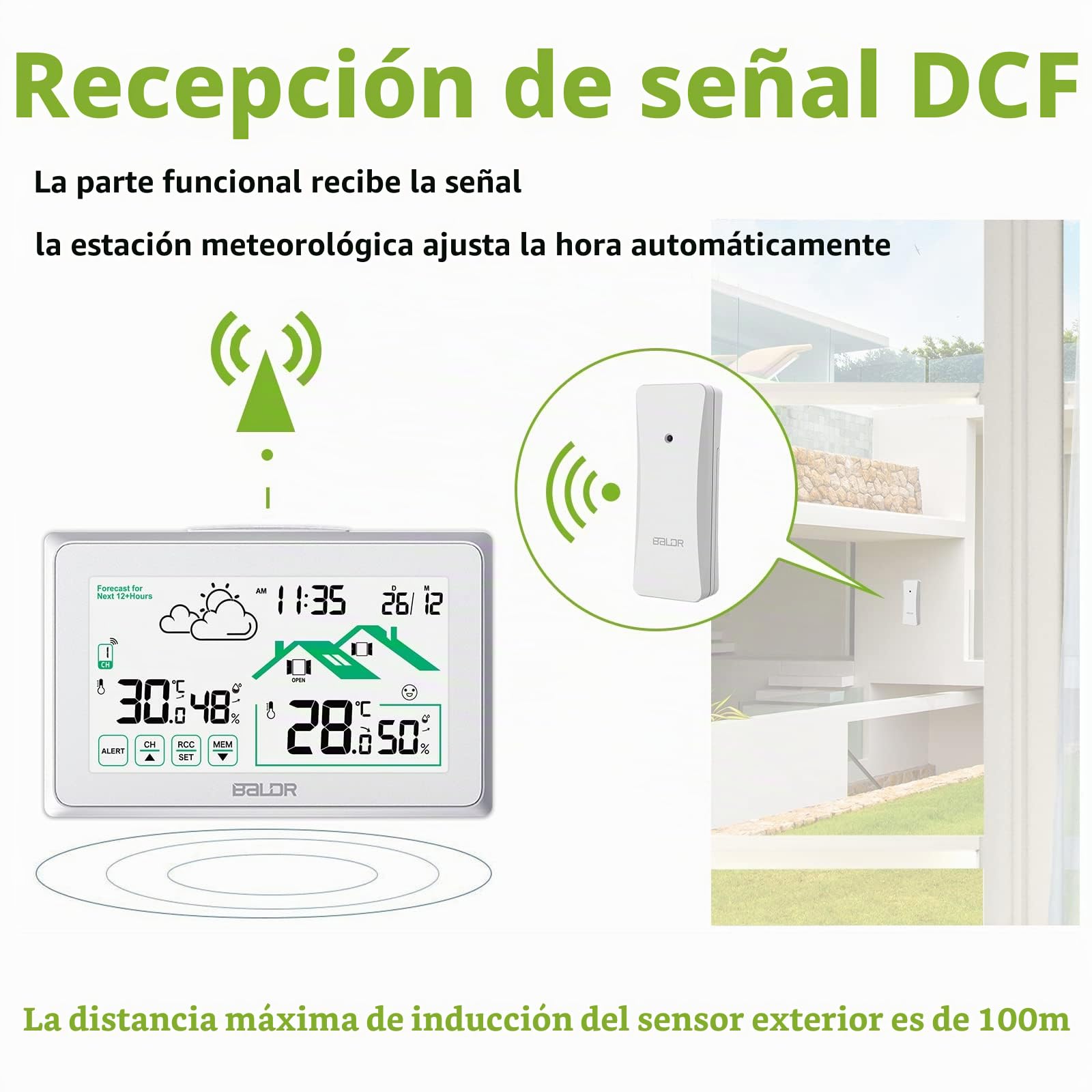 BALDR Estación Meteo Interior Exterior Inalámbrico, Reloj Umérico DCF Termómetro Interior Con Previsión del Tiempo de Ventilación y Retroiluminación