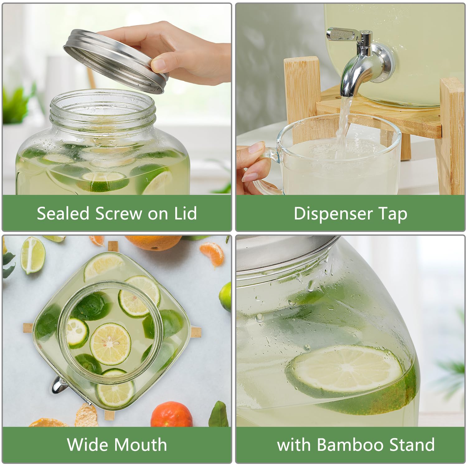 4L Distributeur de Boissons en Verre avec Robinet Support, bonbonne de Jus de Fruits avec robinet pour BBQ, jarre cocktail, fêtes à la piscine et réunions de famille pendant les vacances