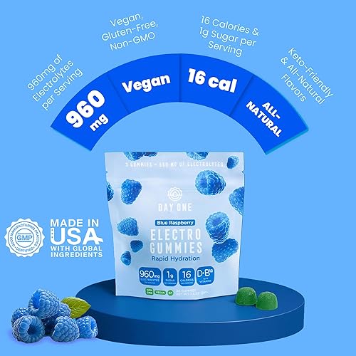 Miniatura 7 de Day One Electrogummies - 60 gomitas de electrolitos con sabor a frambuesa azul para hidratación y recuperación, repletas de electrolitos esenciales,
