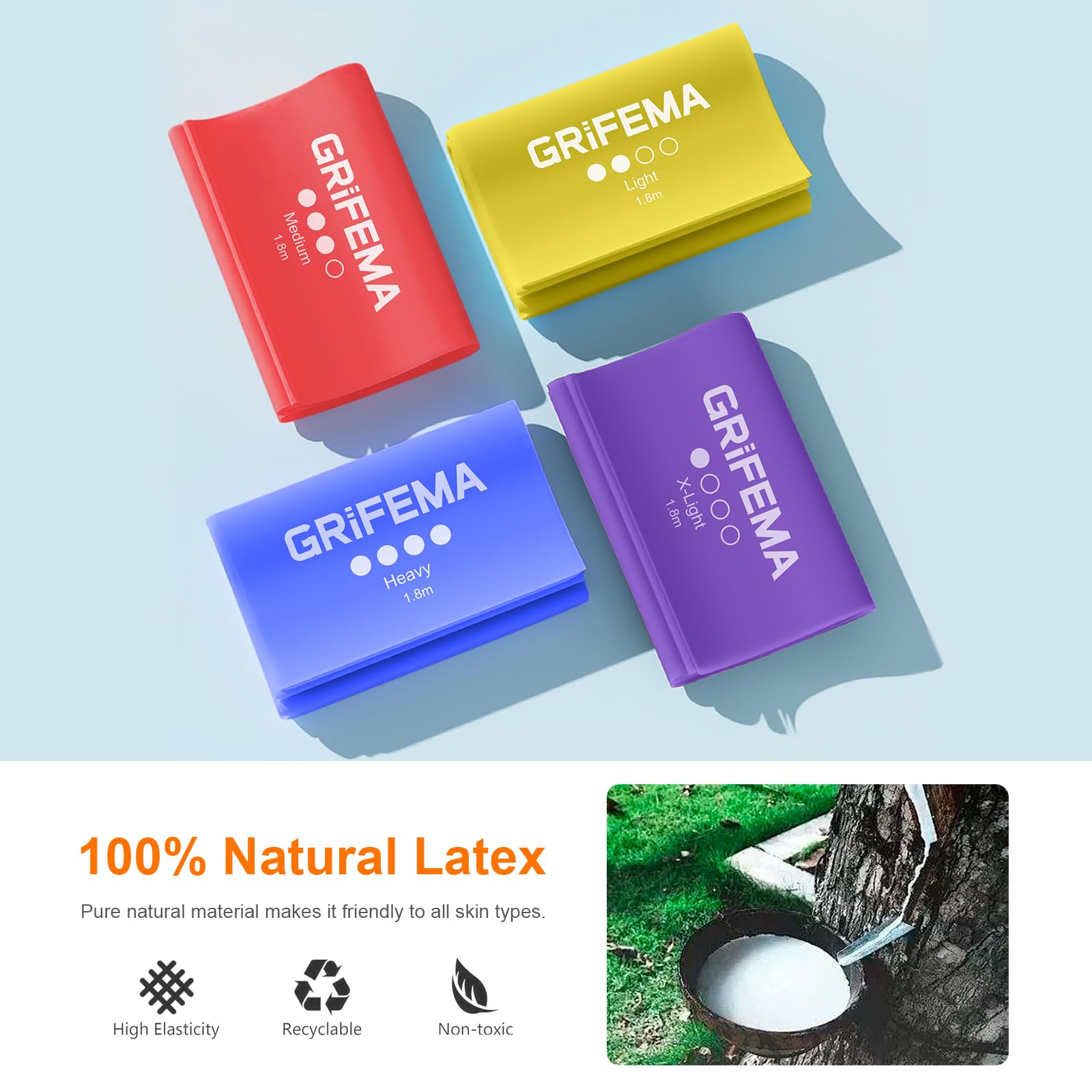 GRIFEMA GA5002 Fasce Elastiche Fitness [Set da 4] 1,8 m, Fasce Elastiche con 4 Livelli di Resistenza per Allenamento della Forza, Yoga, Pilates.