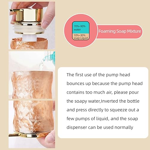 Miniatura 6 de Dispensador de jabón espumoso de vidrio, juegos de bombas de oro y oro mate, ambos equipados con bombas de espuma y líquido, y dos botellas de