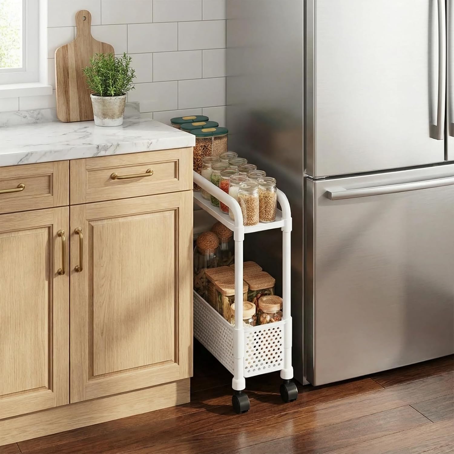 Slim Rolling Storage Cart with Wheels, PP Plastic Kitchen Cart for Narrow Spaces, Space-Saving Organizer for Bathroom, Kitchen Gaps (White 3 Tier)