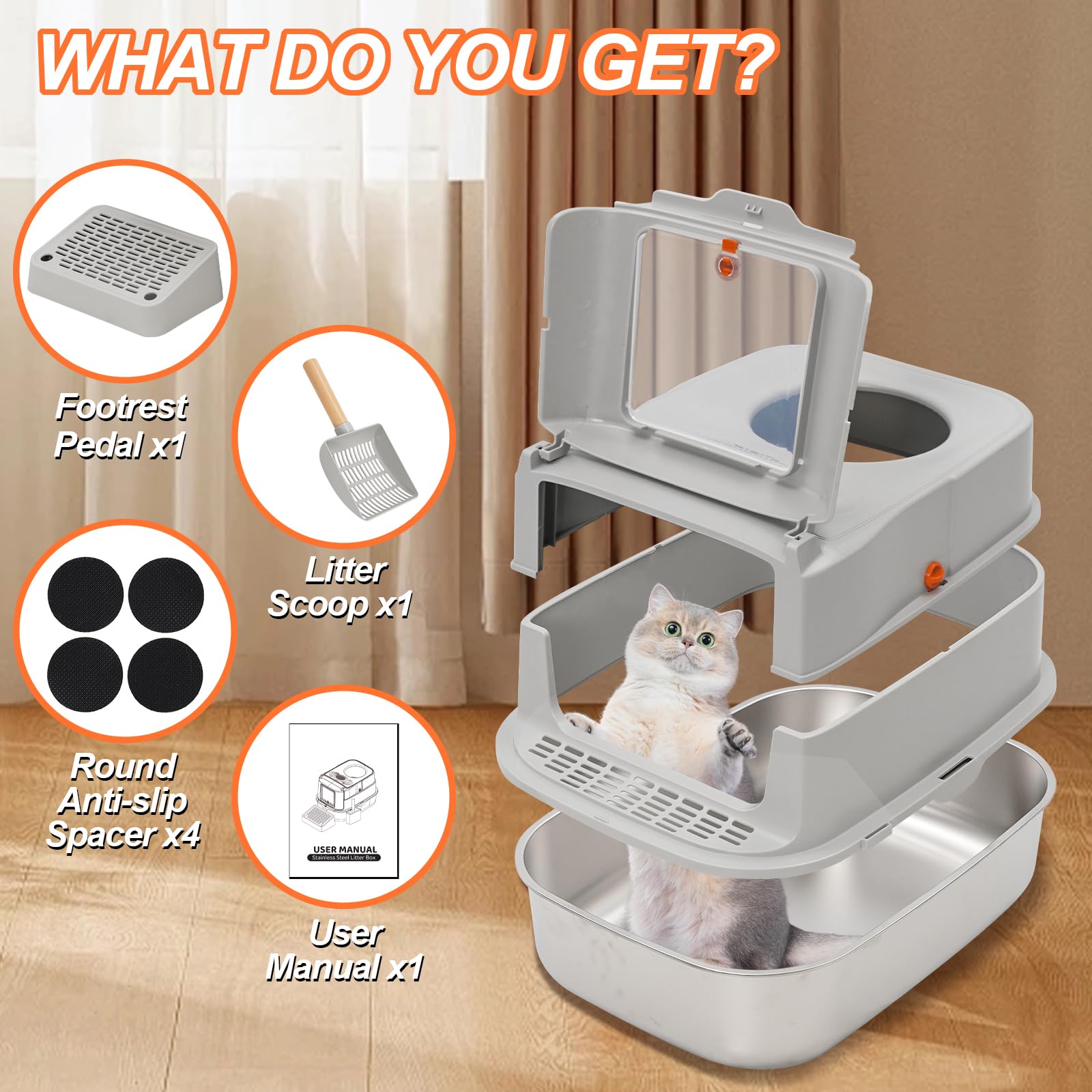 Arenero para Gatos con Cubierto,Extraíble Arenero Gato Acero Inoxidable,Arenero Gato Cubierto con Pala y Pedal,para Varios Tipos de Gatos,Gris
