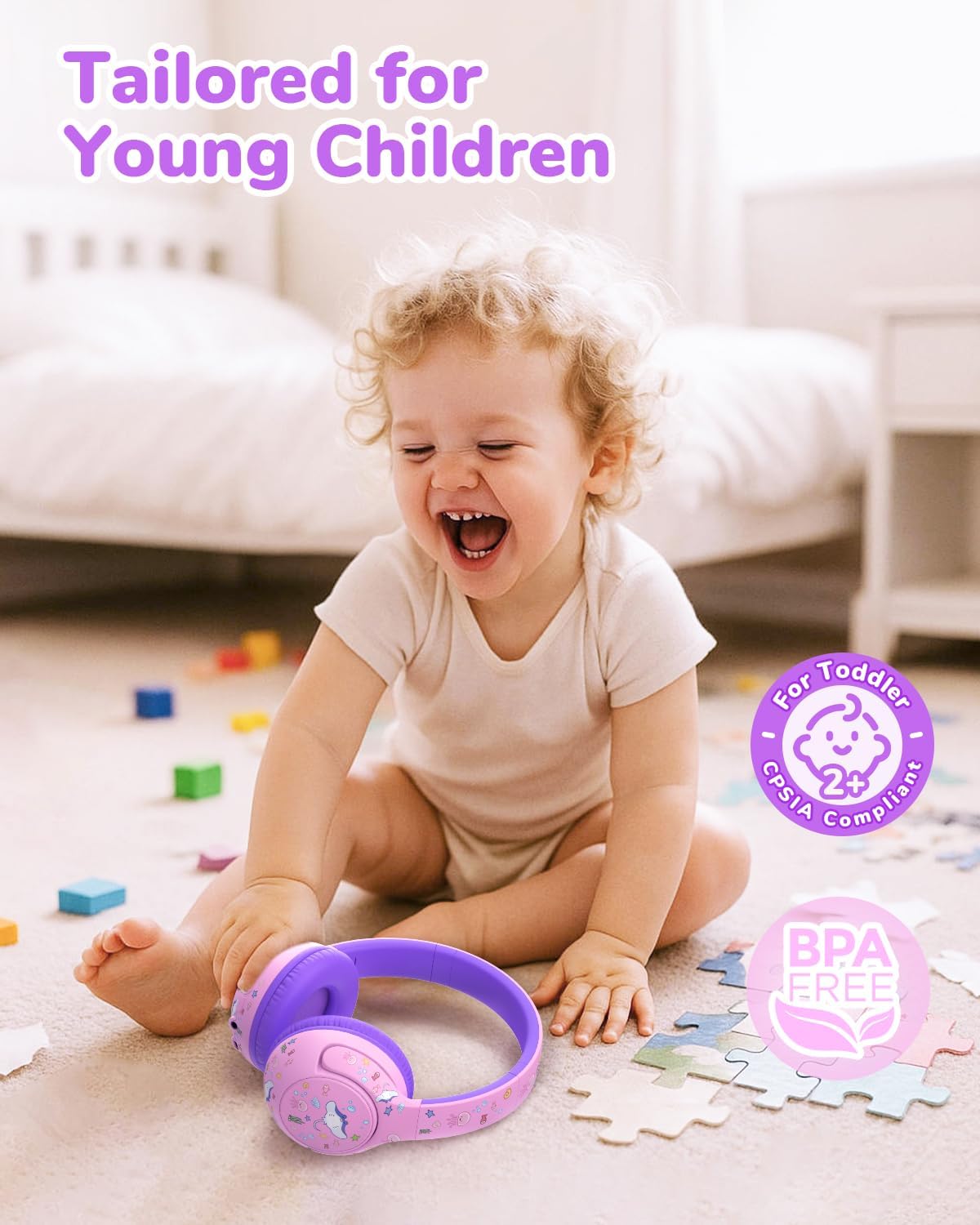 iClever BTH27 Toddler Headphones for 2+ Year Old-CPC Certified, 75/80dBA Safe Volume Limited, 74H Playtime, Bluetooth 5.4, BPA Free, Kids Bluetooth Headphones Aux Cord for Travel iPad, Purple - Image 3