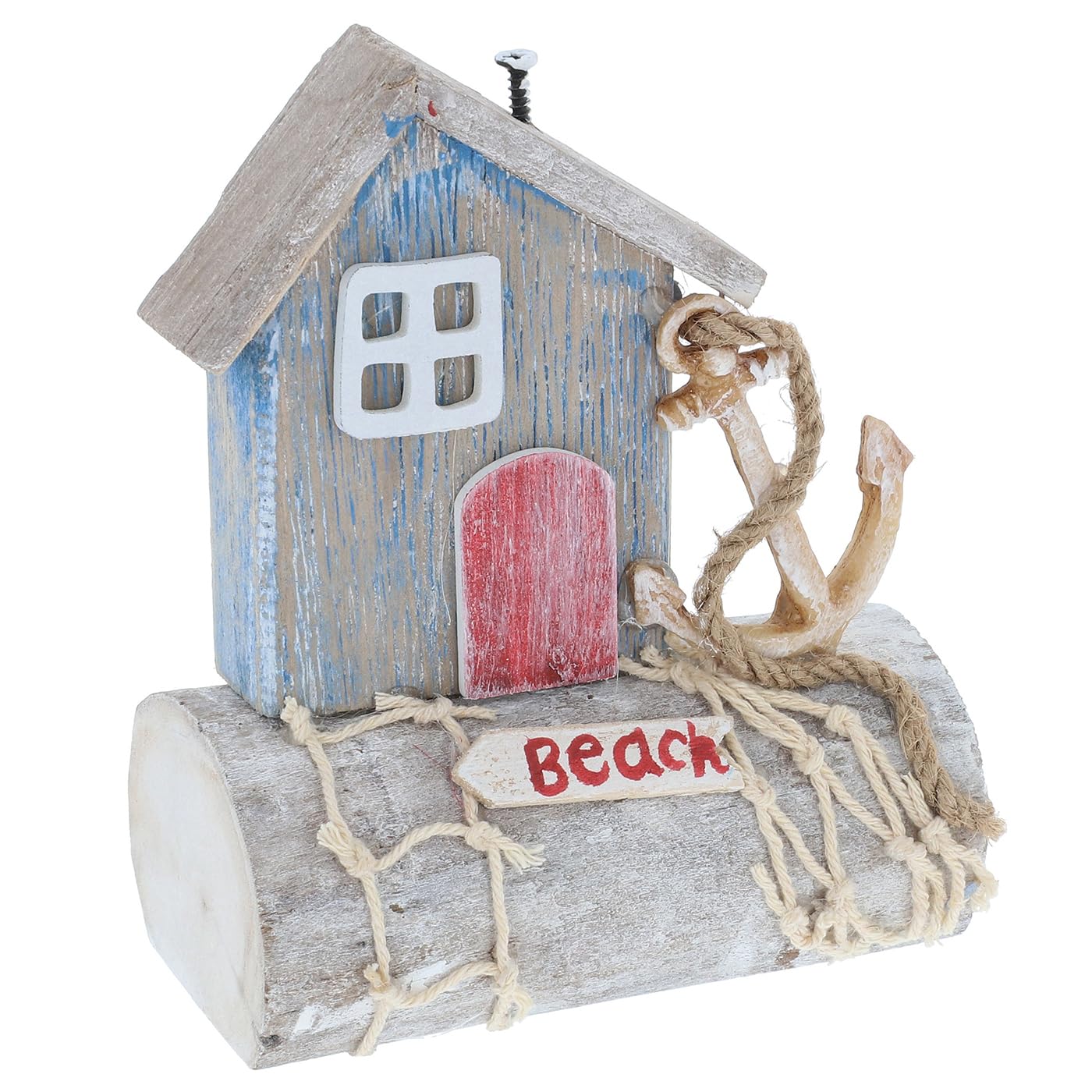 Shudehill Giftware Sandy Bay Standing Beach Rustic Ornament with Lighthouse, Anchor, and Log House - Coastal Design