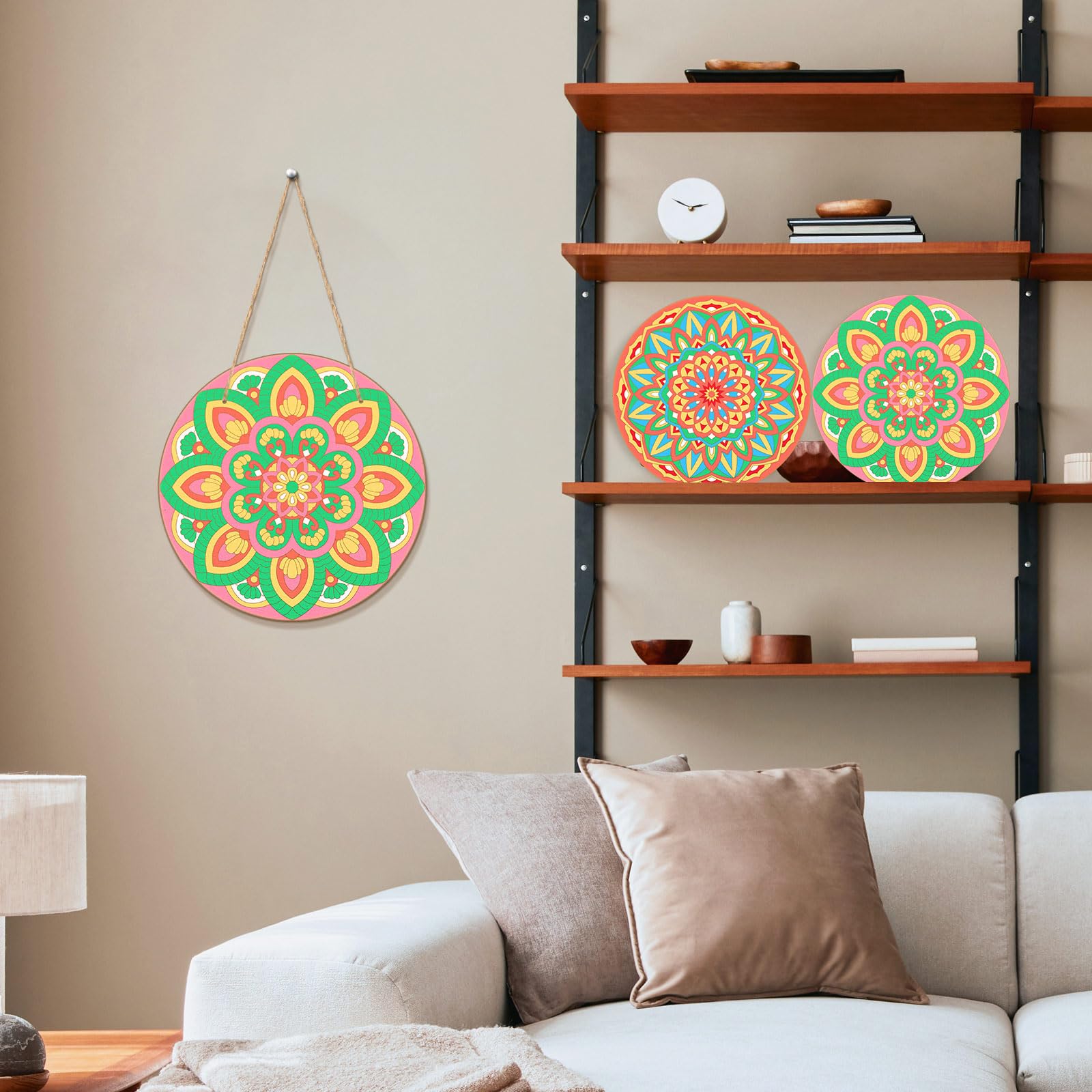 Vercraft 28 Pcs Wooden Mandala Painting Set - 10 Unfinished Wood Cutouts & 18 Colored Pencils, DIY Craft Kit