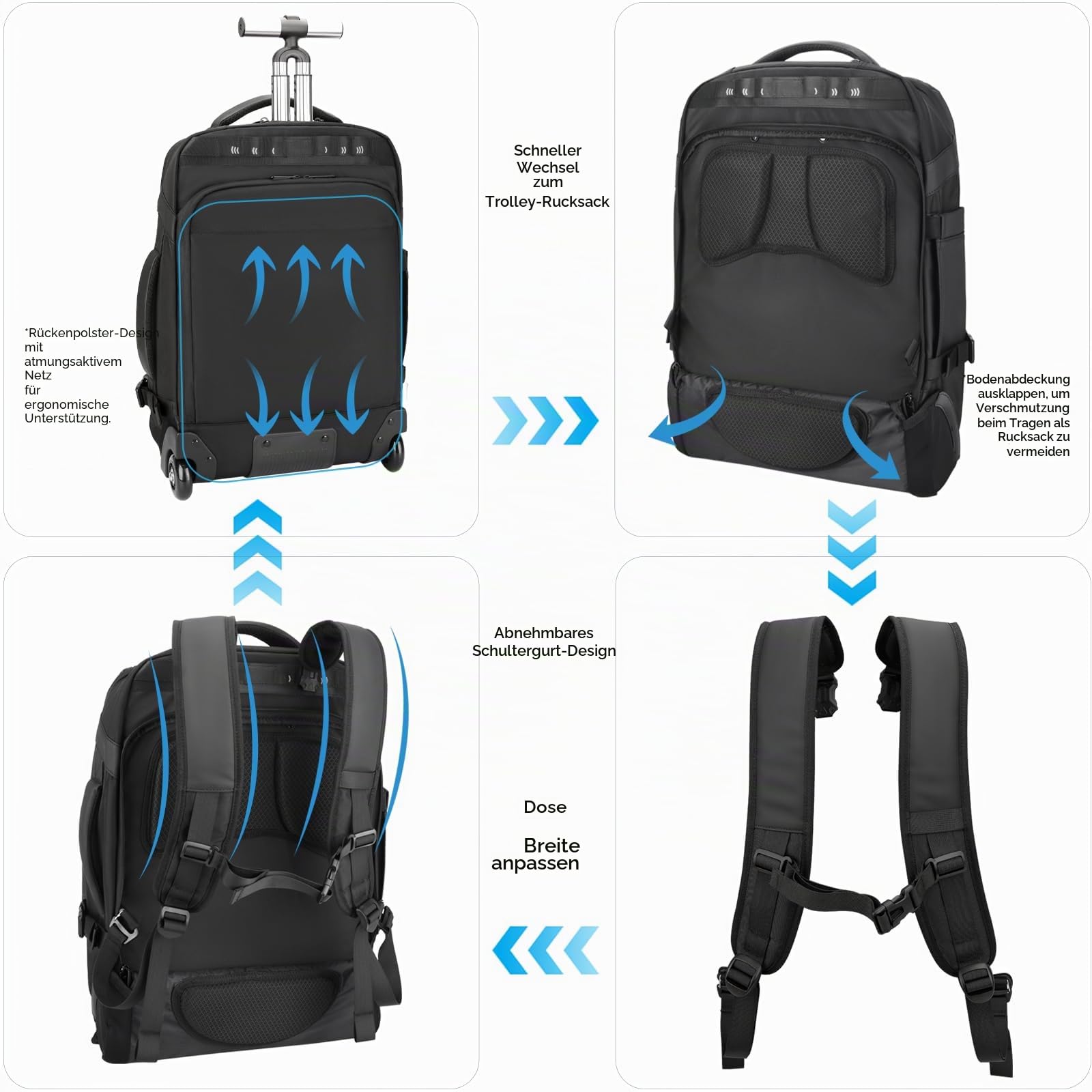 Reiserucksack mit rollen,17 Zoll Laptop trolley rucksack, Wasserfester Handgepäck-Rucksack mit USB-C-Anschlüssen, Diebstahlsicher für Reisen, Geschäftsreisen und Pendeln, Schwarz
