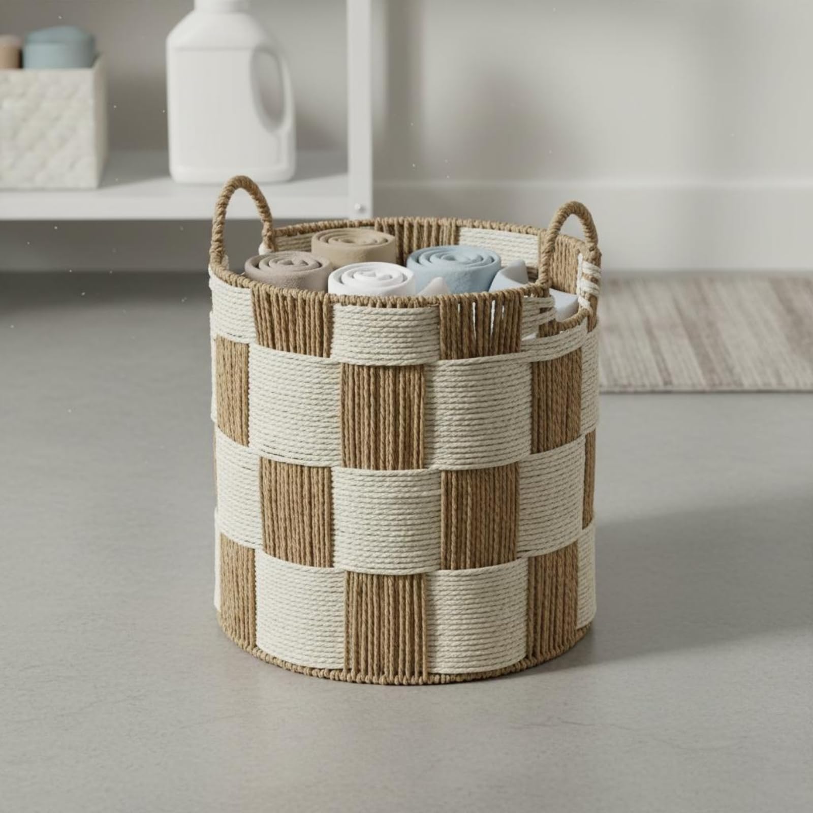 MagiDeal Cesta de Ropa Tejida Cesto Canasta Contenedor Tejido a Mano con Cuerda de Papel y Estructura de Hierro Cuerpo de Gran, Pequeño 34cm X 41cm, Cesta Redonda Pequeña