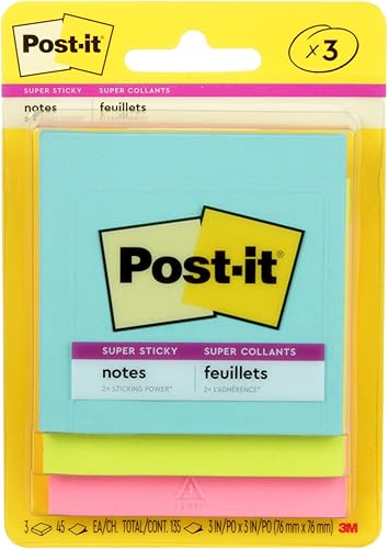 Post-it Notas súper adhesivas, 3 x 3 pulgadas, 4 blocs, 2 veces The Sticking Power, colección Miami, colores neón (naranja, rosa, azul, verde),