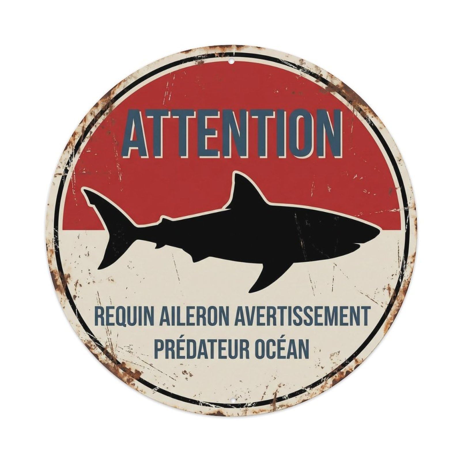 Shark Fin Warning Novelty Caution Label Ocean Wildlife Comedy Metal Tin Sign Plaque Wall Decor for Cafe, Man Cave, Club Bar, Office, Home Garden Round Metal Poster 8x8Inch