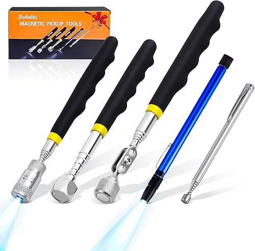 Rechabite Juego de 5 herramientas telescópicas de recogida magnética, barra de recogida de 1.5 libras y 15 libras, herramientas de 3.5 libras y 8