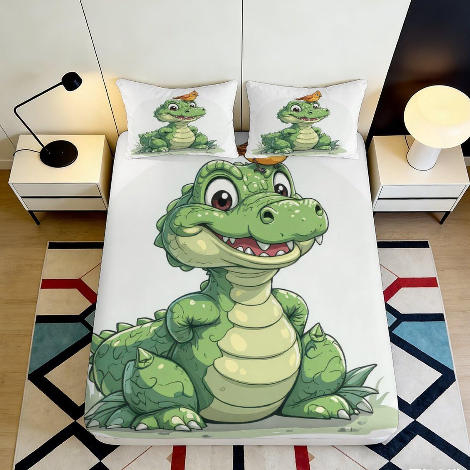 3D Printed Cute Crocodile Fitted Sheet Microfiber Soft Breathable Green Cartoon Bed Cover for Bedroom Dormitory Guest Room Mattress Protection Decor 120x200x25cm