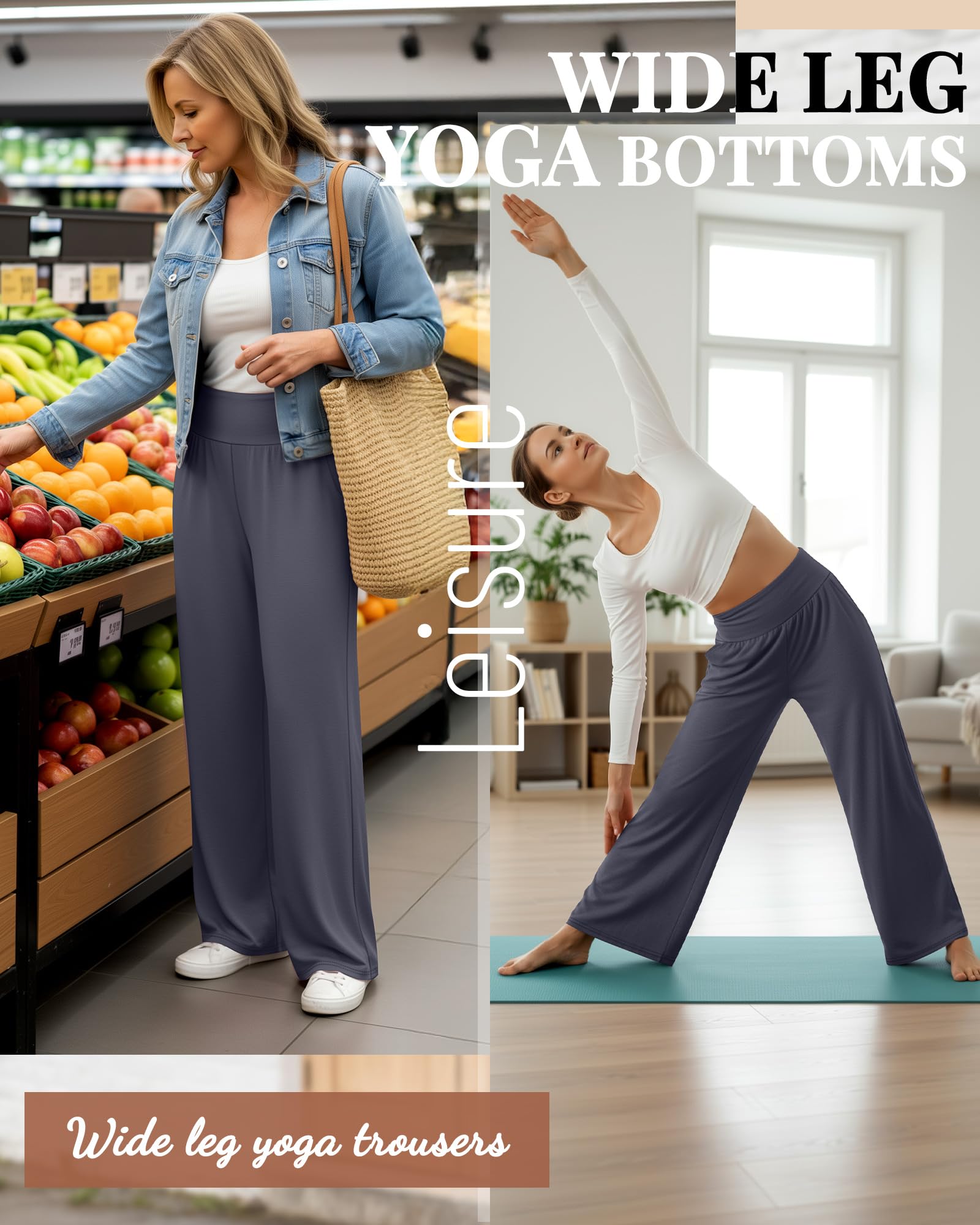 Neer Lot de 3 pantalons de yoga et de détente à jambe large pour femme, confortables et avec poches, pantalon de survêtement extensible à taille élastique, X-Large