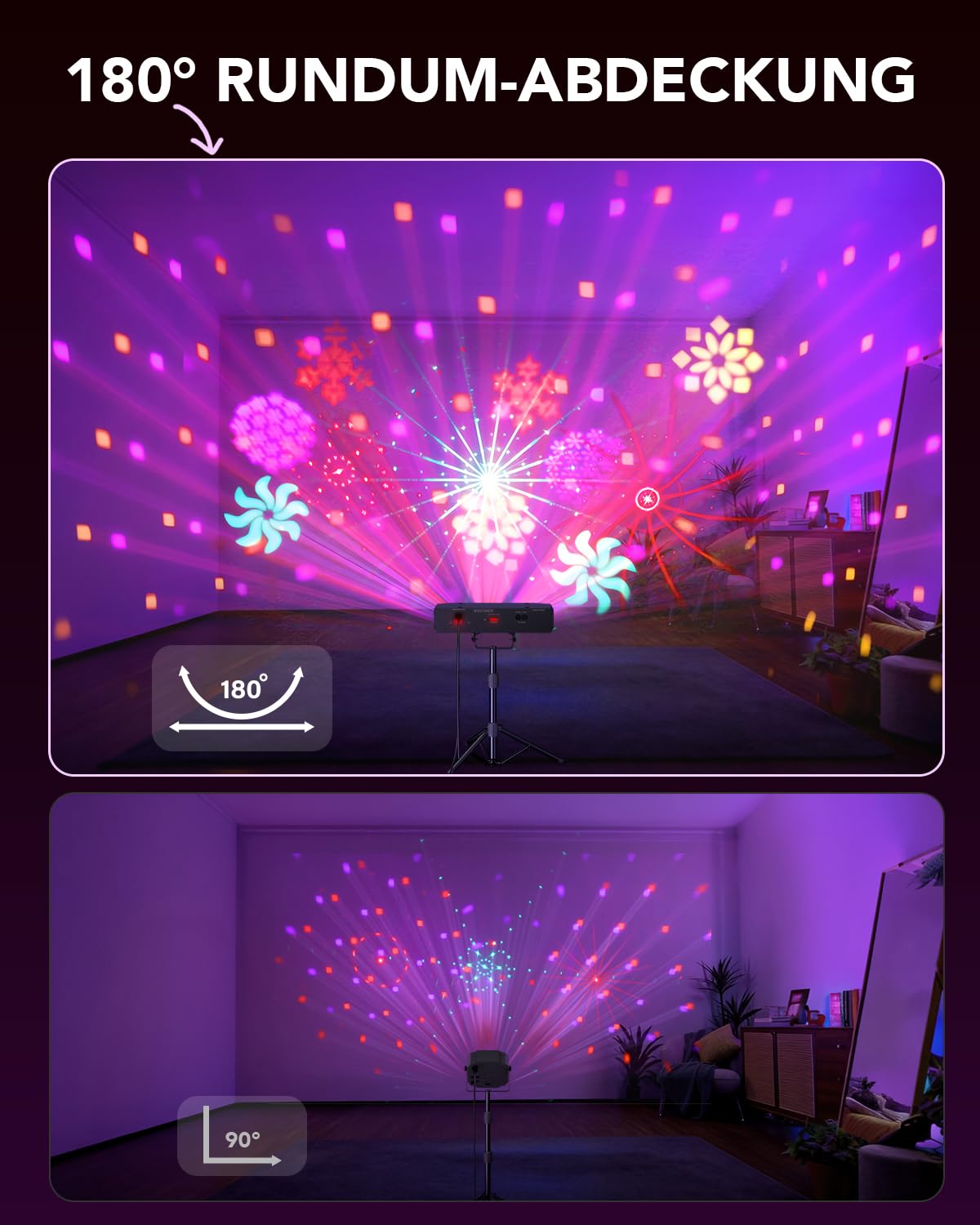 KeoBin All-in-One Schneeflocken Discolicht partylicht mit RGB & UV | Rotierende Muster, Musiksteuerung, Strobe, 3 Soundmodi, 4 Auto-Programme, DMX512, Party, Bar, Club & Weihnachtsdeko