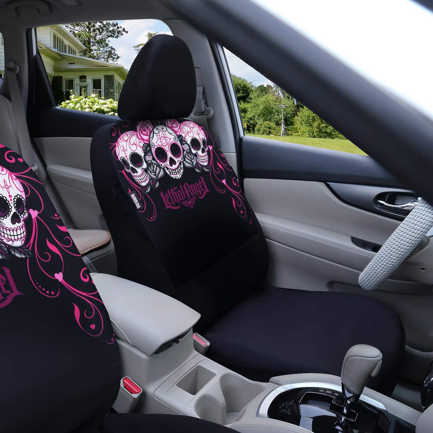 Leader Accessories Lady Skulls 2pcs Pink Front Seat Covers for Women Girl with Headrest Covers Car Interior Seat Protector for Truck SUV
