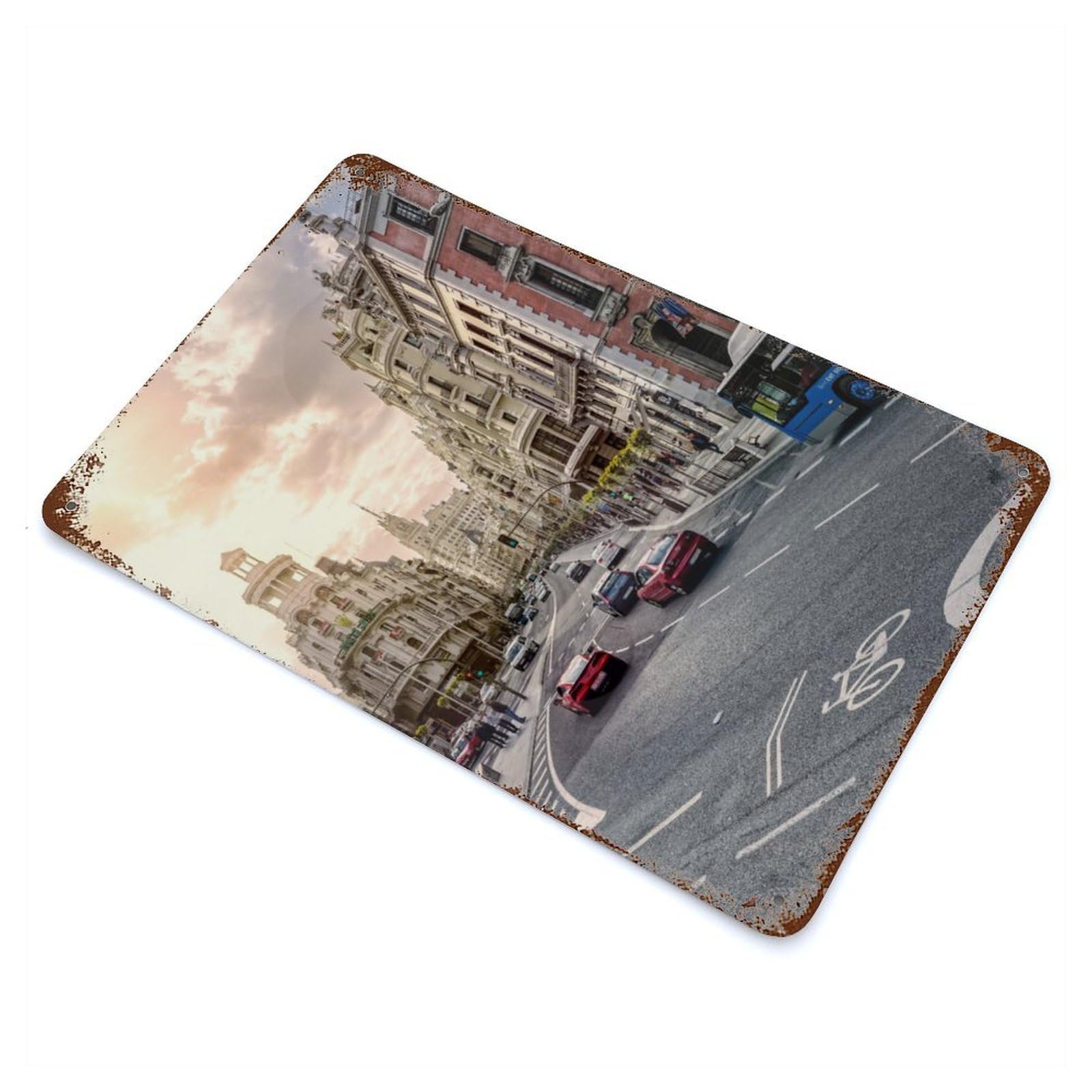 Vintage Rust Metal Sign Famous Gran Vía, Madrid, Spain 11.8"x7.9", Decorative Metal Wall Art for Basement, Hobby Room And Garage Decor