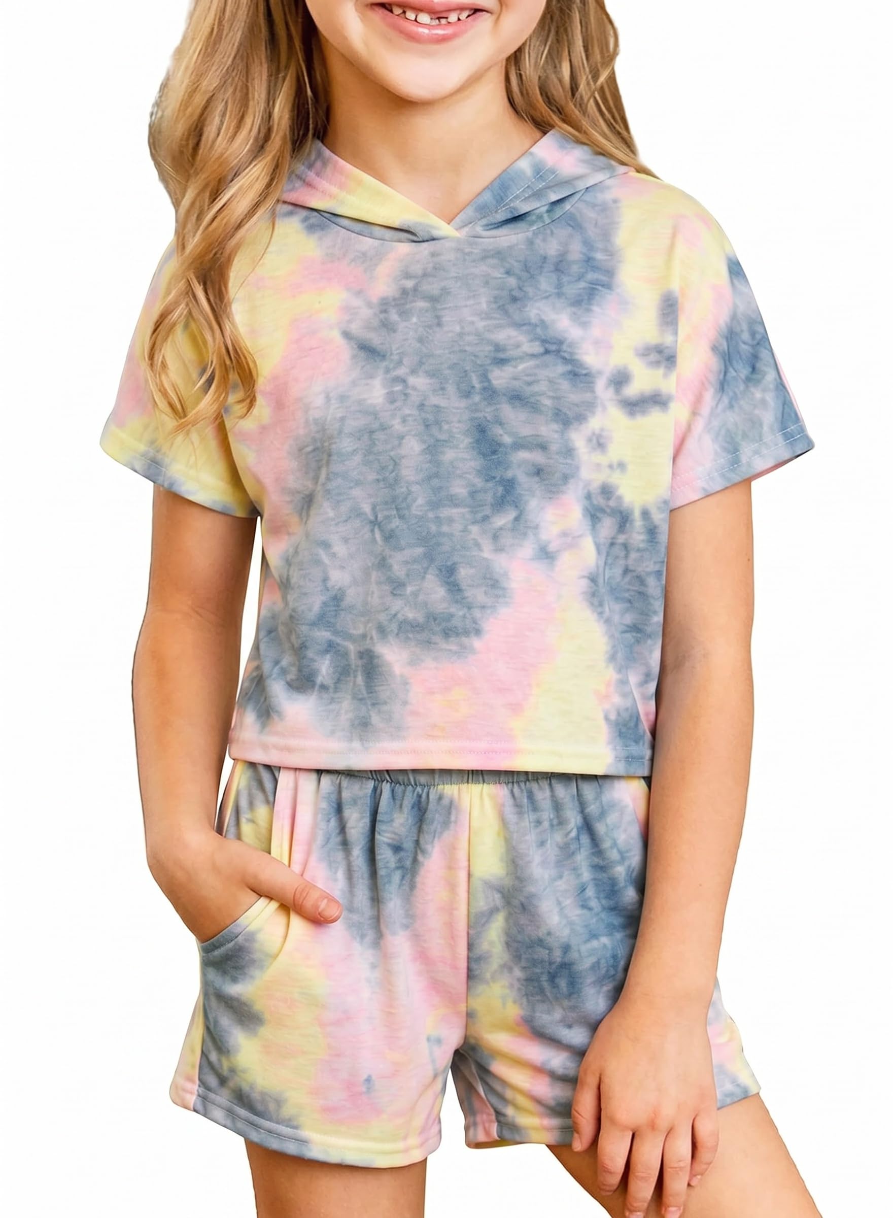 Arshiner Girls Summer Outfits 2 Piece Set Drop Shoulder Hooded Top and Elastic Waist Shorts Loose Fit 6-14 Years