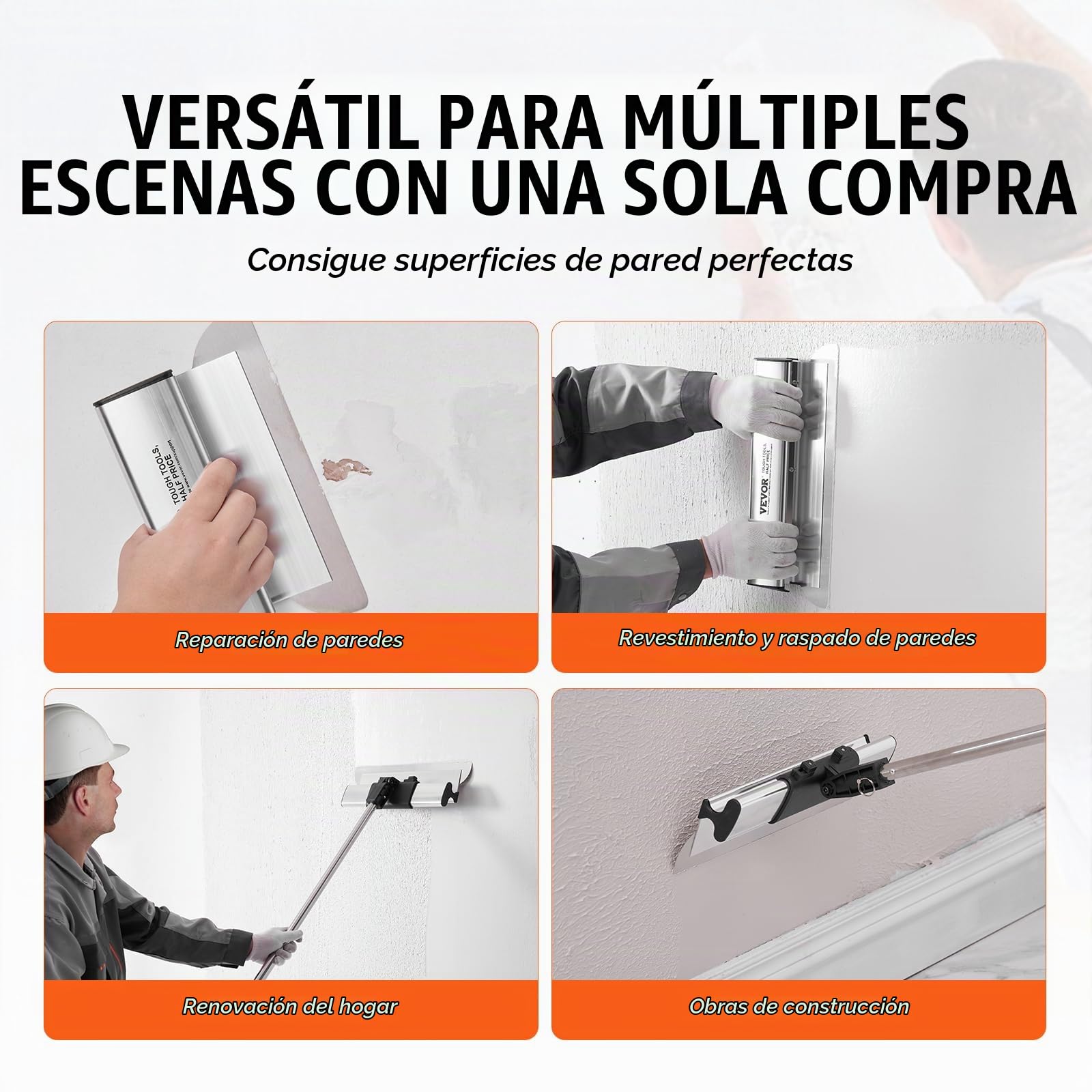 VEVOR Juego de Cuchillas para Desnatar Paneles de Yeso, Cuchillos de Acero Inoxidable de 178/254/356/406/610 mm y Mango de Extensión de 862-2072 mm, Herramientas Profesionales para Placa de Yeso