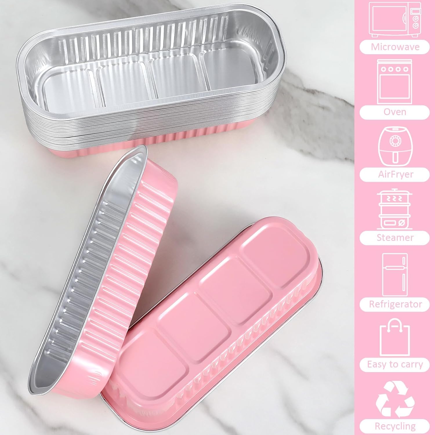 Mini Loaf Pans with Lids and Spoons (100 Pack, Pink, 6.8oz) Rectangular Aluminum Foil Baking Pans - Image 4