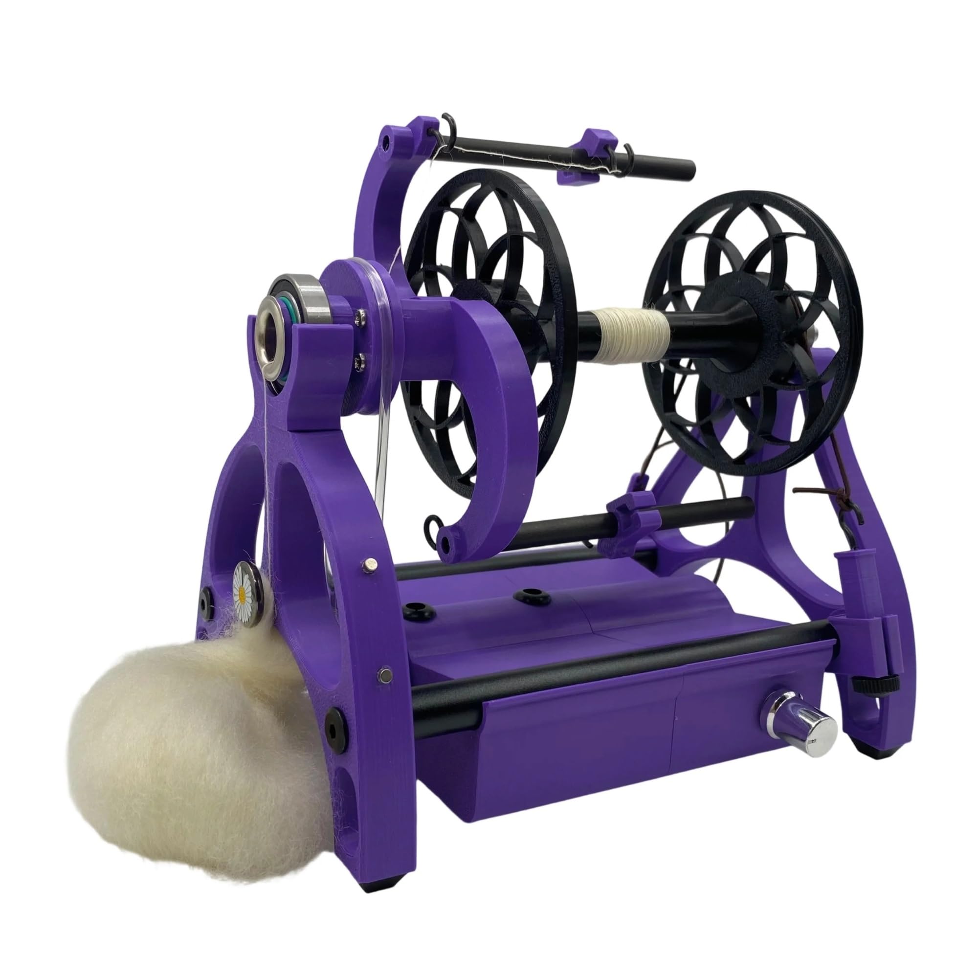 Rueca eléctrica morada con rueda giratoria pequeña para crear tus propios hilos en casa