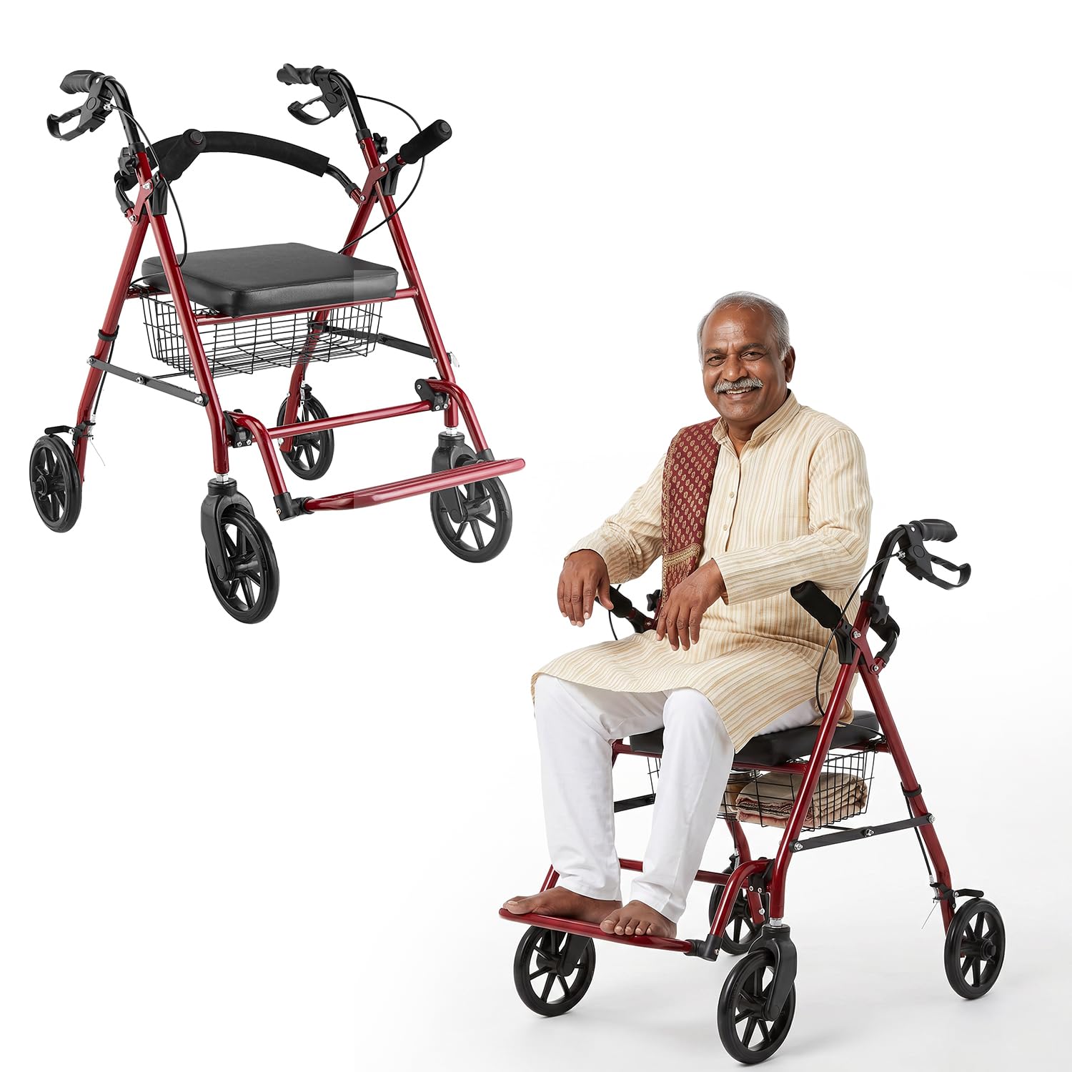 Amazon Basics Adjustable Rollator Walker | Foldable Walking Aid with Seat & Backrest | Height-Adjustable Steel Frame with Large Wheels | Indoor & Outdoor Use-image-38