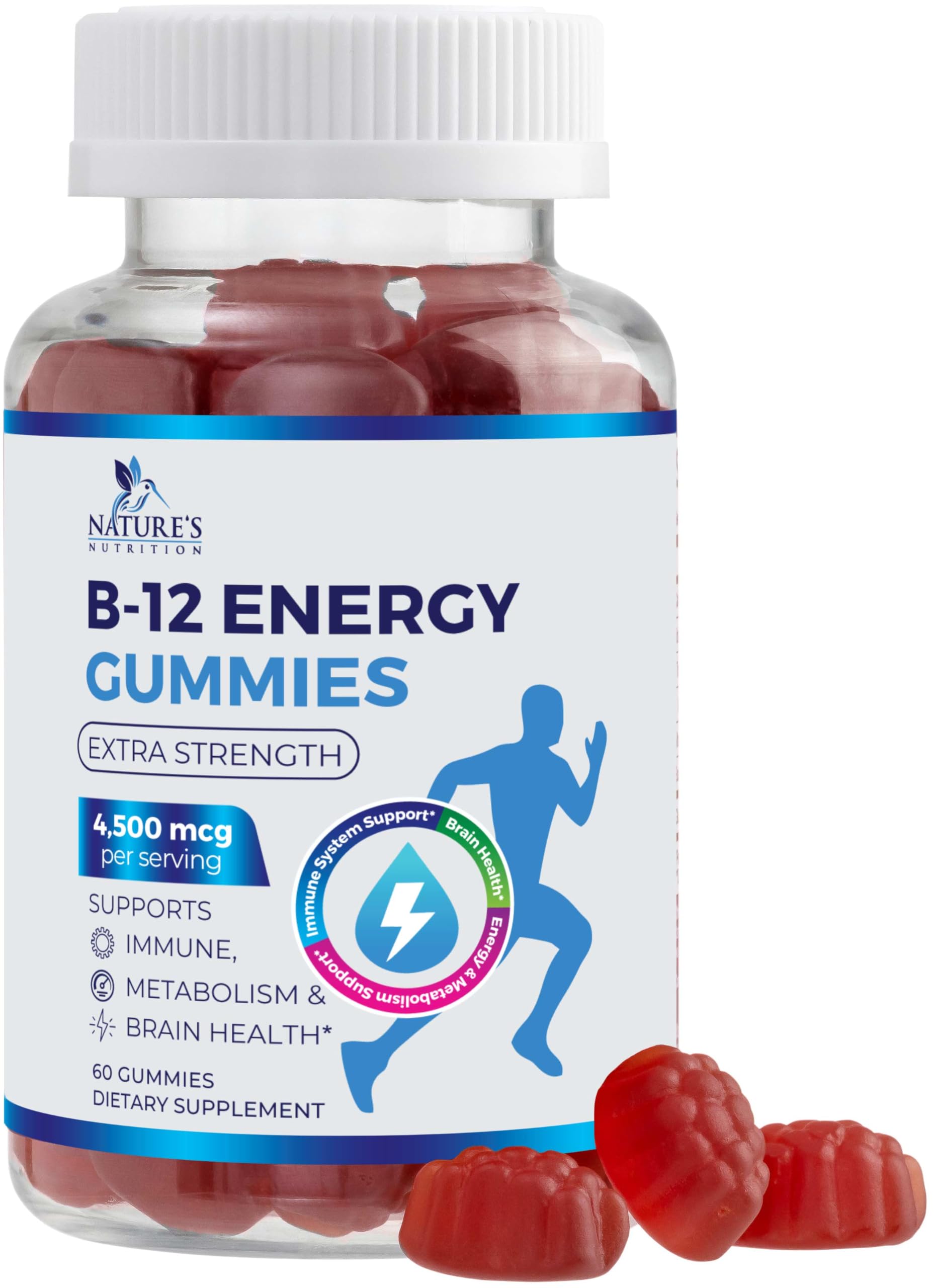 Vitamin B12 Energy Gummies - 4500 mcg Extra Strength Chewable B12 Supplement - Potent Energy, Metabolism & Immune Support - For Women, Men & Kids - Natural, Vegan & Berry Flavored - 60 Gummies 60 Count (Pack of 1)