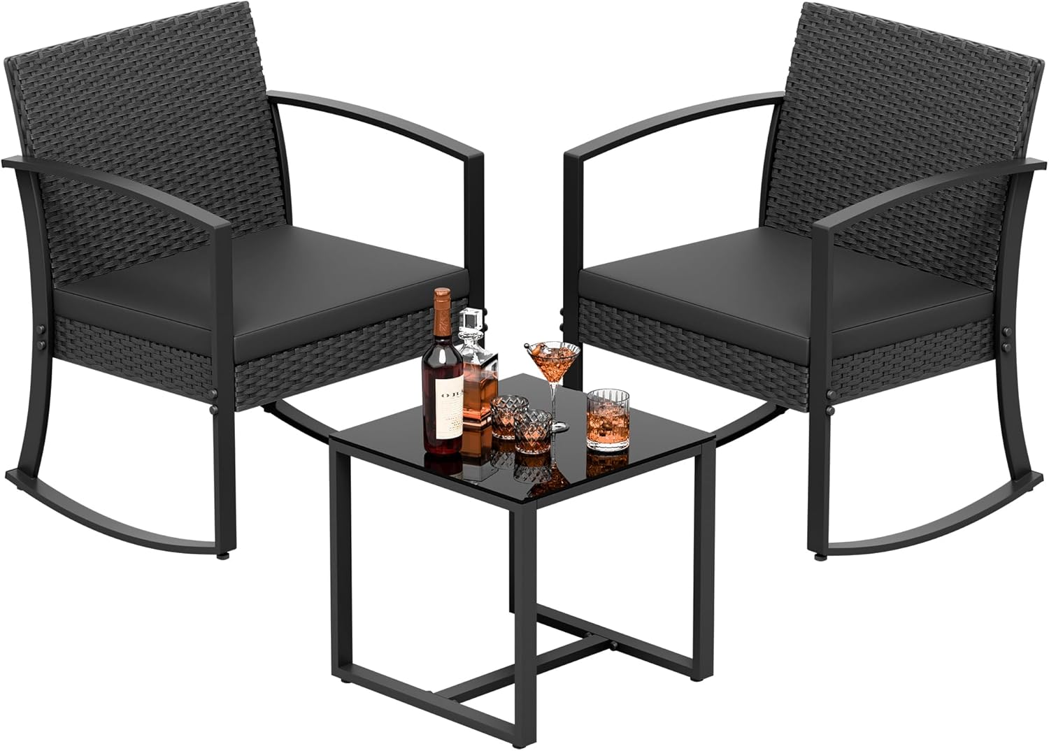 Greesum 3 Pieces Outdoor Furniture Set Patio Bistro Rocking Chairs with Glass Coffee Table for Pool Beach Backyard Balcony Porch Deck Garden, Black