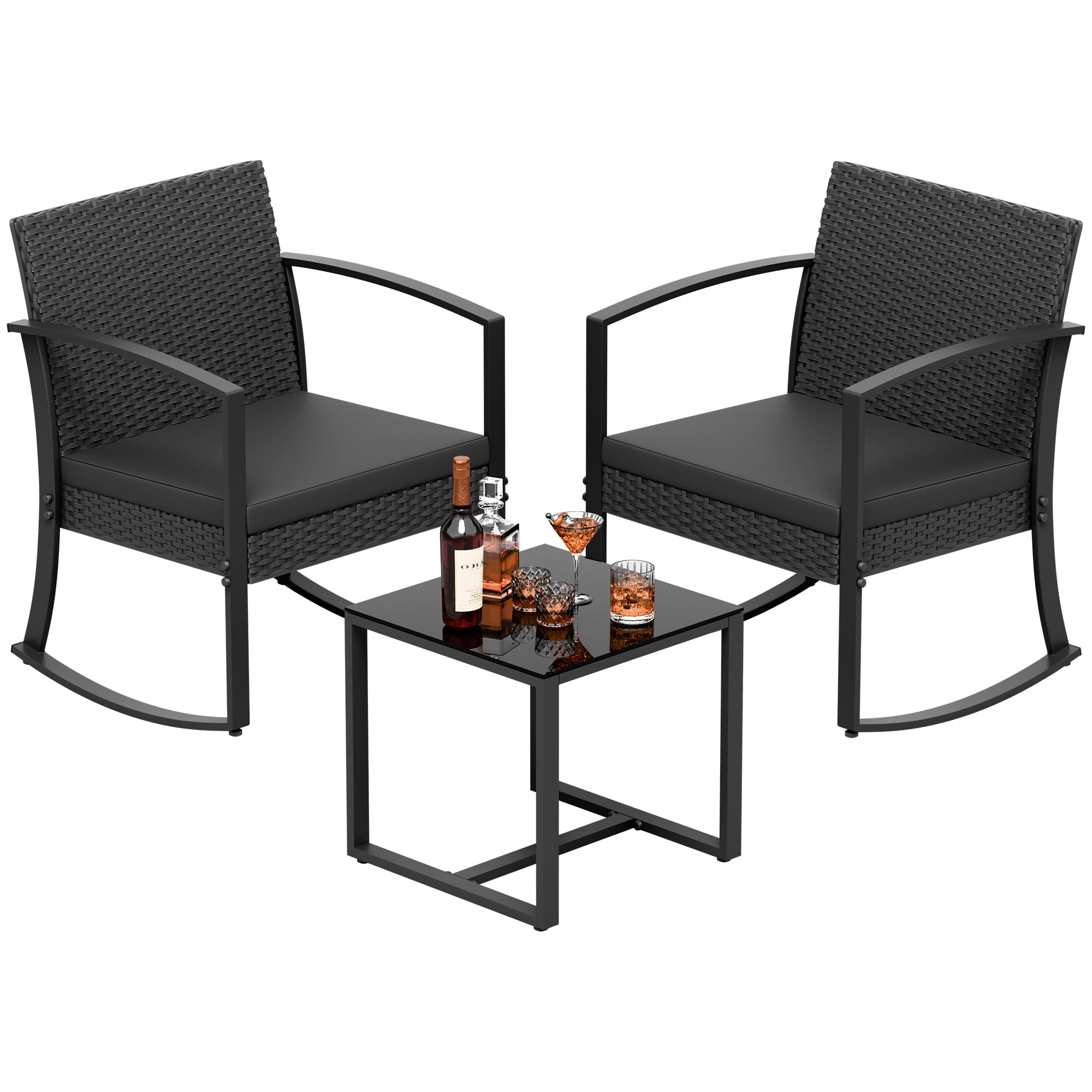 Greesum 3 Pieces Outdoor Furniture Set Patio Bistro Rocking Chairs with Glass Coffee Table for Pool Beach Backyard Balcony Porch Deck Garden, Black