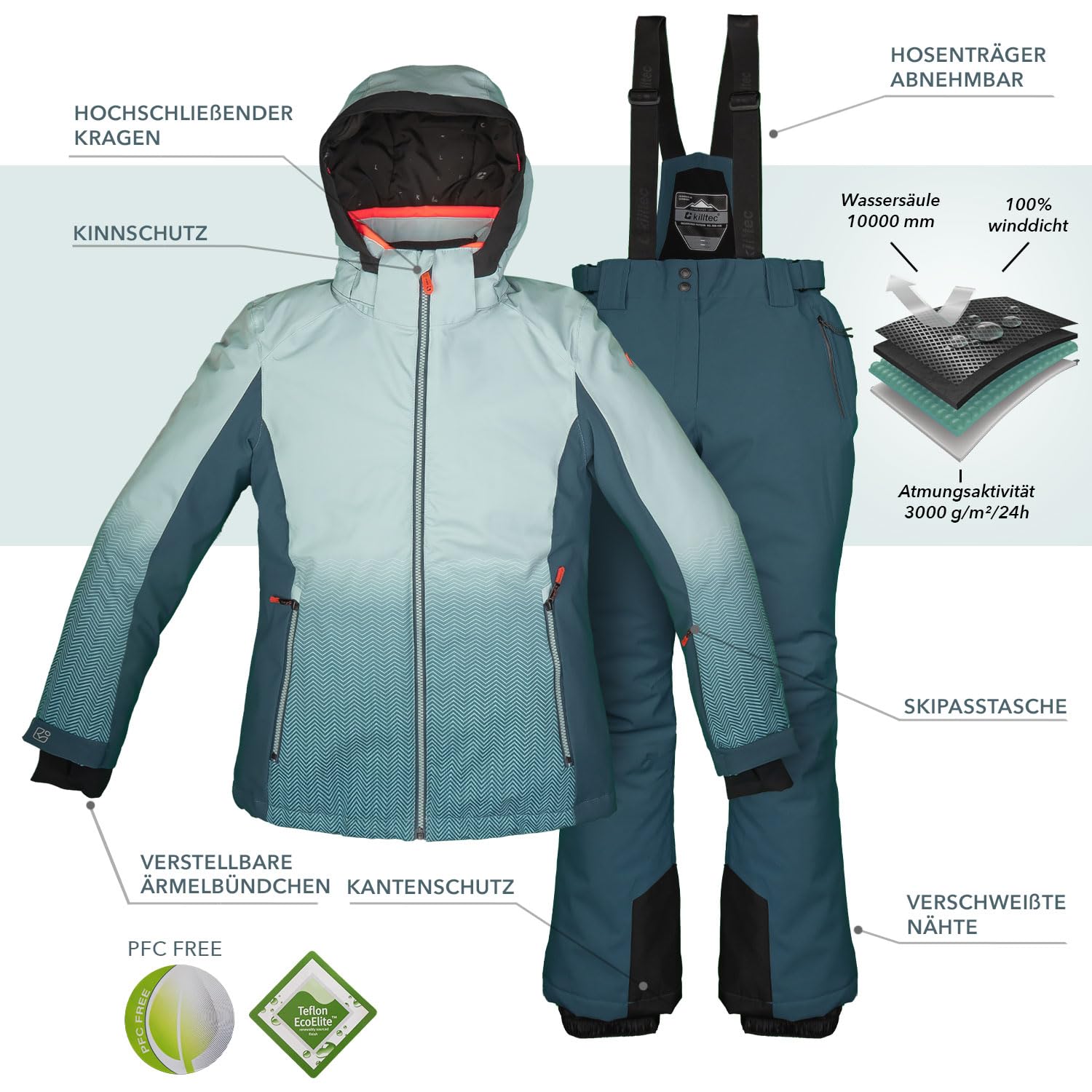 Killtec Damen Skianzug Set - Damen Skijacke und Damen Skihose wasserdicht und atmungsaktiv - 10000mm Wassersäule - PFC frei - Skijacke mit Schneefang, Skihose mit Kantenschutz