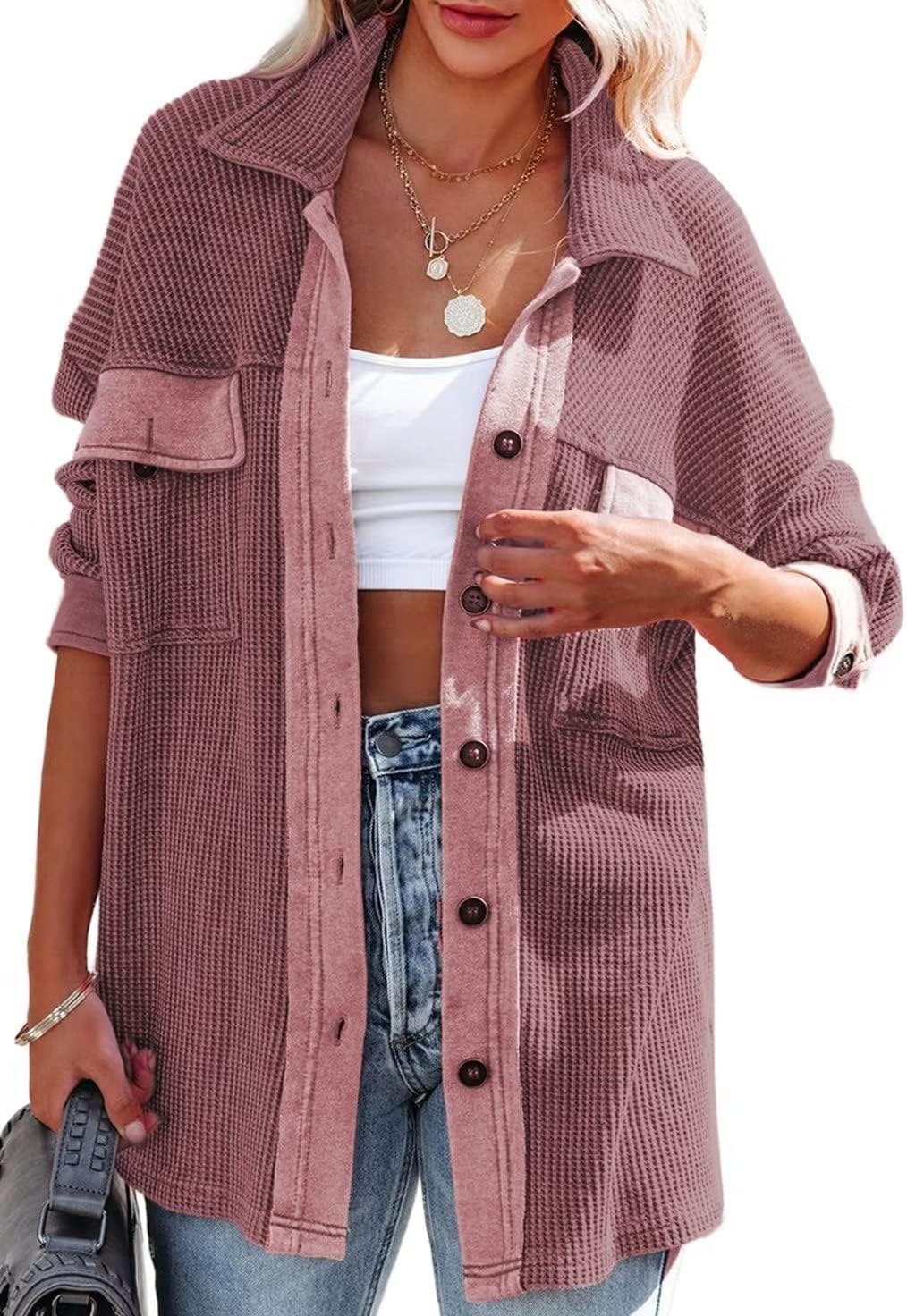 Womens Waffle Knit Shacket Long Sleeve Button Down Shirts Dressy Blouses Tops