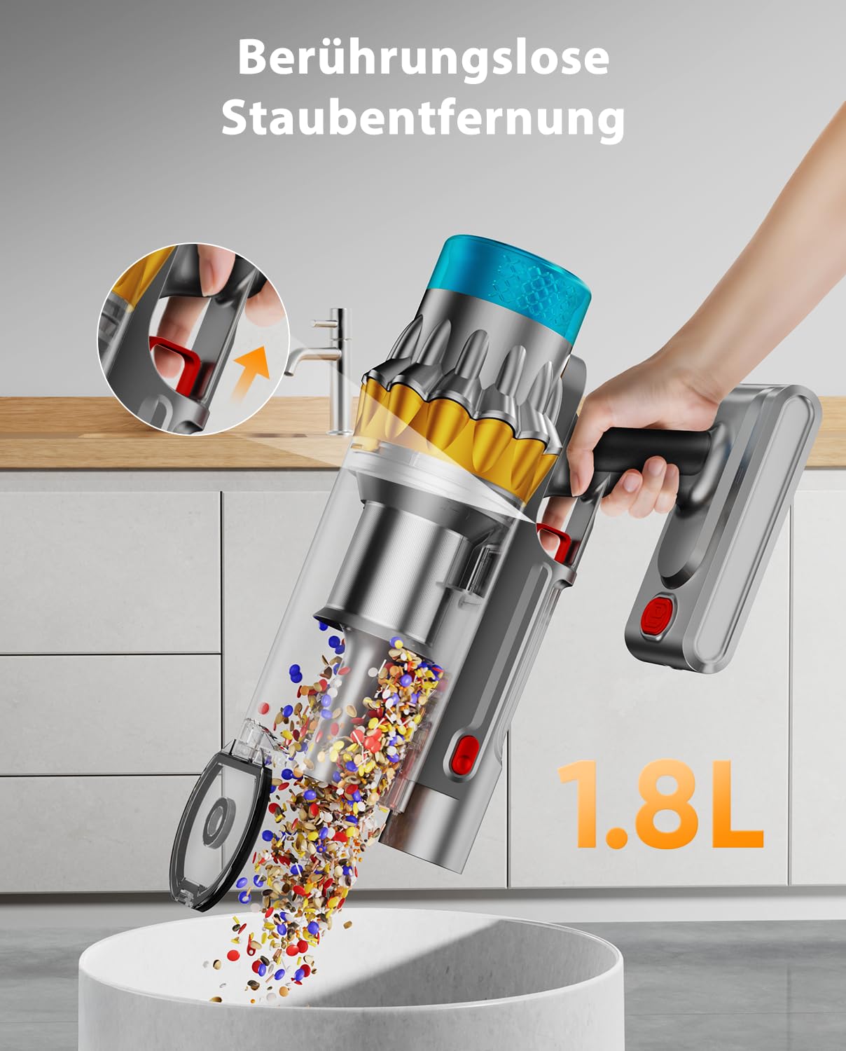 Akku Staubsauger, 50kPa/650W/70Min Staubsauger Kabellos,mit OLED-Display und 1,8-Liter-Behälter, Leistungsstarker, Geeignet für Teppiche, Hartböden und Haare