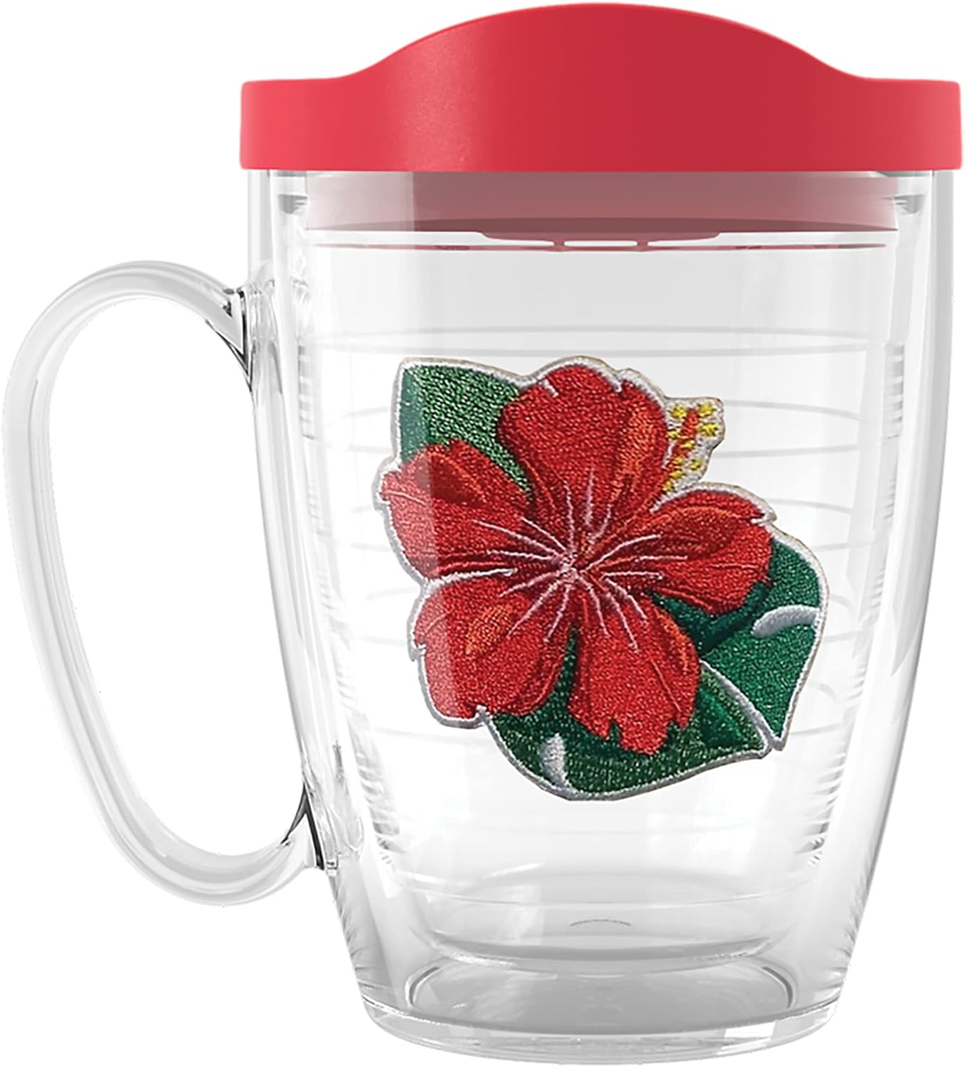 Tervis Tropical Hibiscus Collection Made in USA Double Walled Insulated Tumbler Travel Cup Keeps Drinks Cold & Hot, 16oz Mug with Handle, Tropical Red Hibiscus