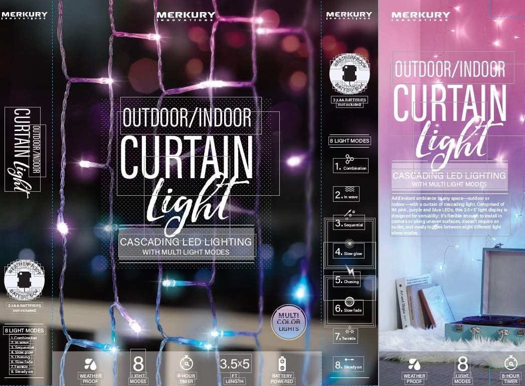 Product packaging for Merkury Innovations Curtain Light, showing features like 8 light modes, 6-hour timer, and weatherproof design.