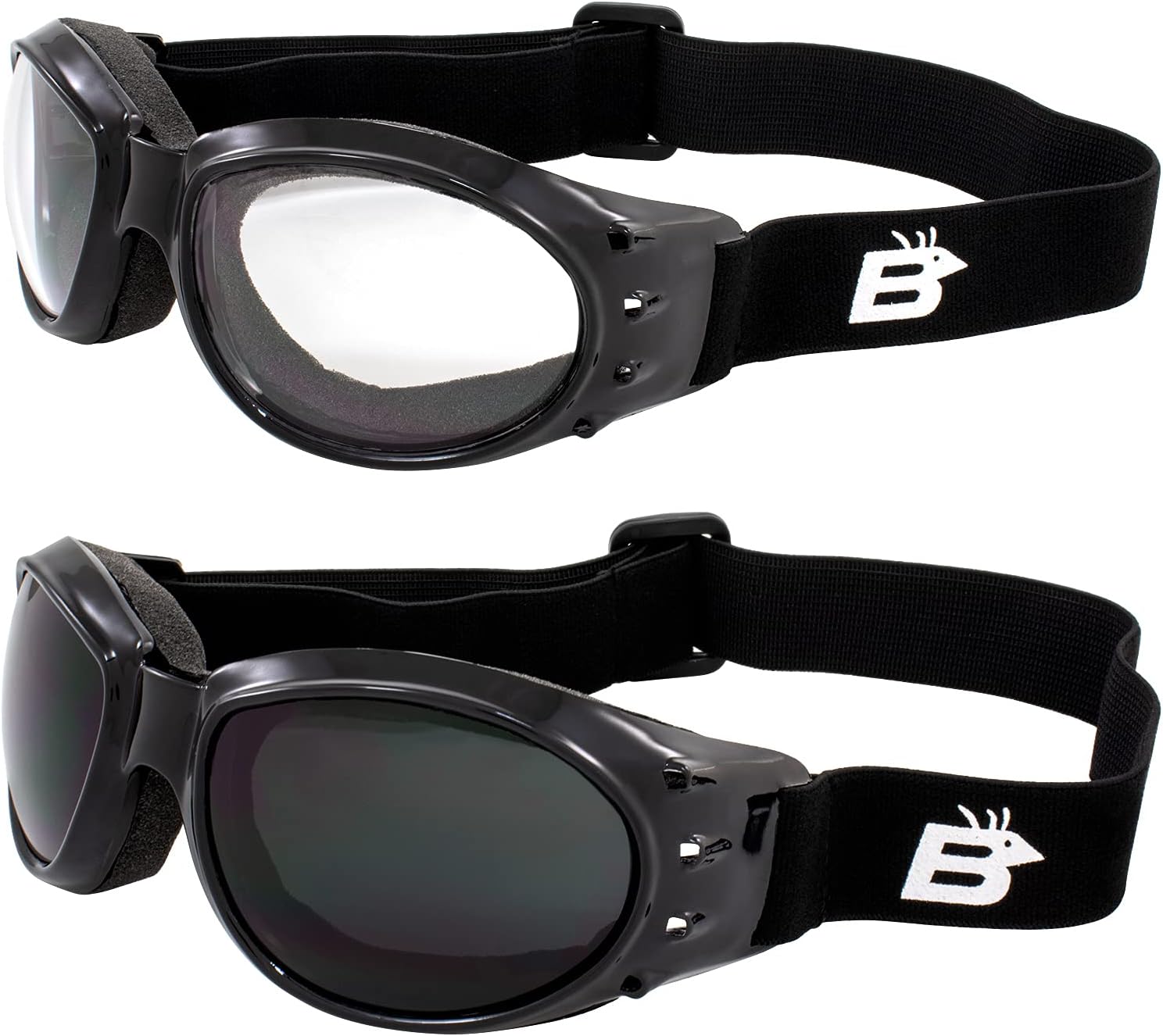 Birdz Eyewear Two 2 Pairs Birdz Eagle Padded Motorcycle Goggles Airsoft Googles Comes with Clear Super Dark Smoke Day and Night riding comfort You Should Have Googles For Any Weather Condition