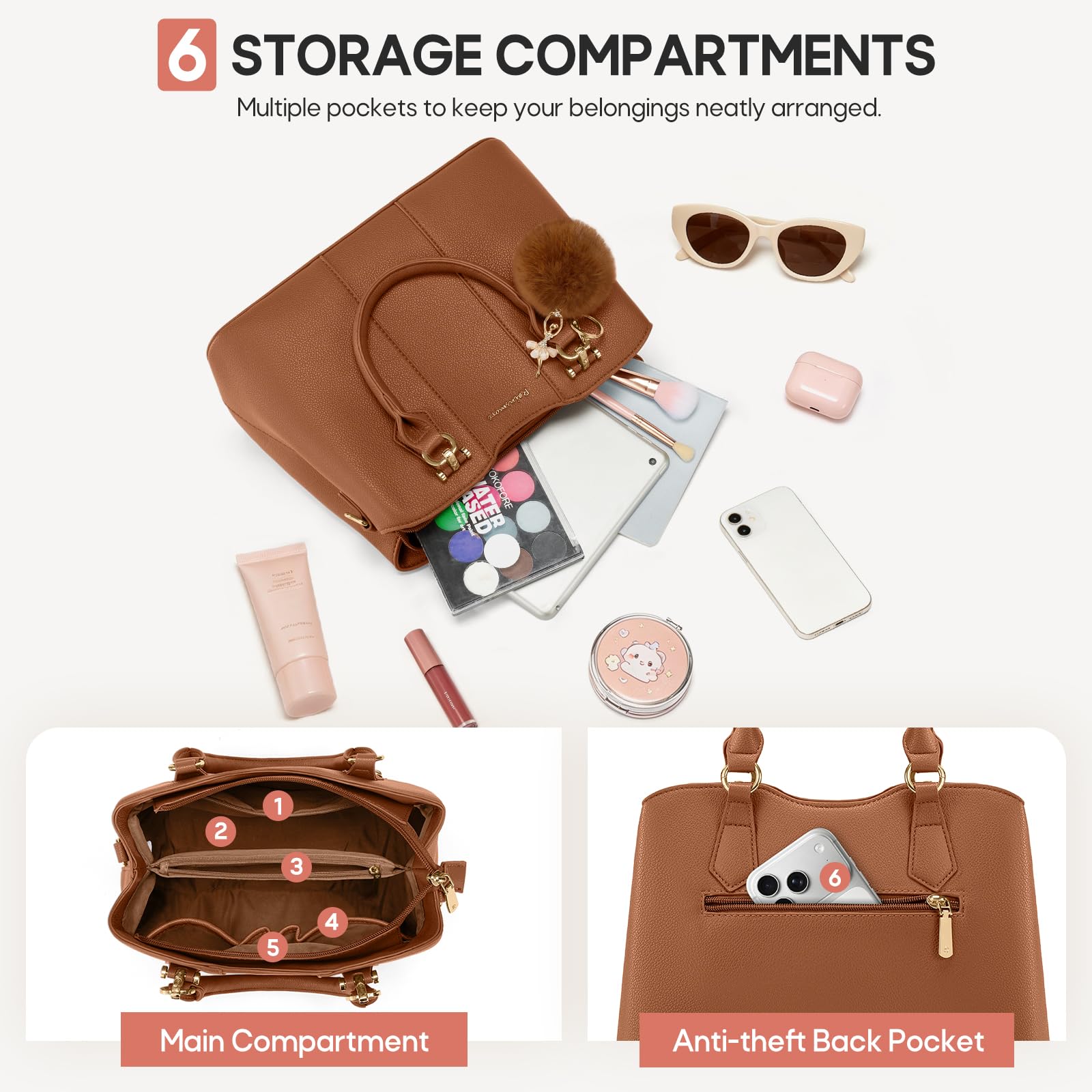 RAINSMORE Bolso de Mano Mujer, Bolso Mujer de Piel PU para Universitarias, Trabajo, Uso Diario, Bolso Bandolera Medianos