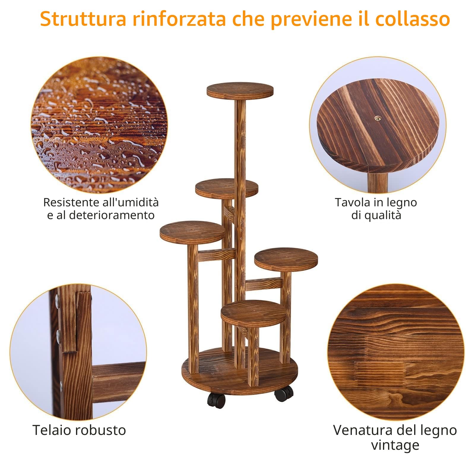 Piedistallo per Piante Porta Piante da Interno in Legno con Ruote 5 Livelli Portapiante Supporto Fioriera Porta Piante Verticale con Ruote Porta Orchidee Scaffale Porta Piante da Interno