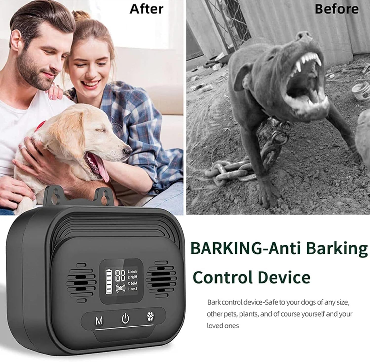 Dispositivo ultrasónico antiladridos, Dispositivo de Control automático de ladridos para Exteriores con 4 Niveles de Volumen ultrasónico Ajustables, GE para Exteriores de hasta 50 pies