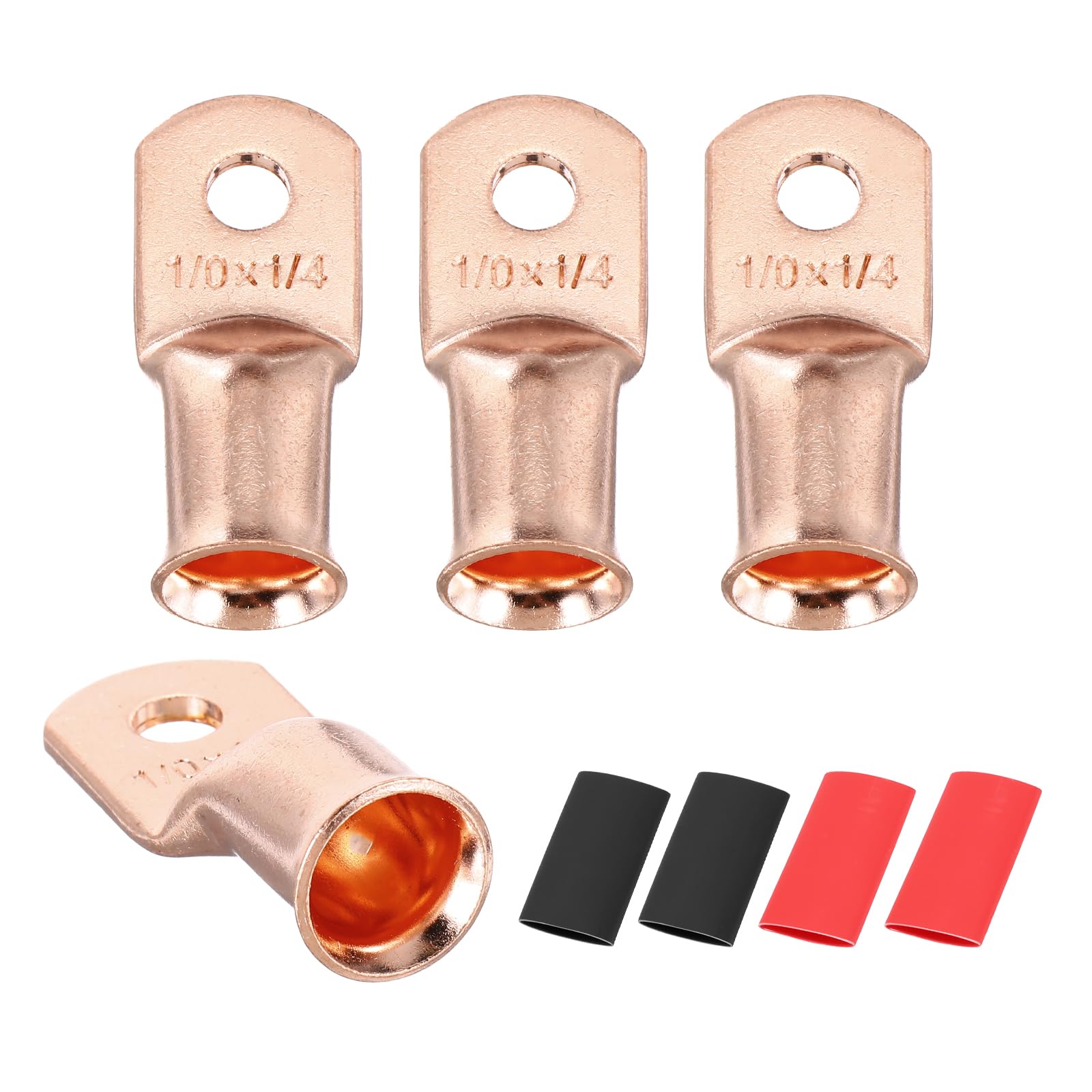 sourcing map 4pcs 1/0 AWG M6 Battery Lugs Ring Terminals, 1/4" 6mm Stud Crimp Wire Terminal Connector End Copper, 3:1 Heat Shrink Tubing, Gold