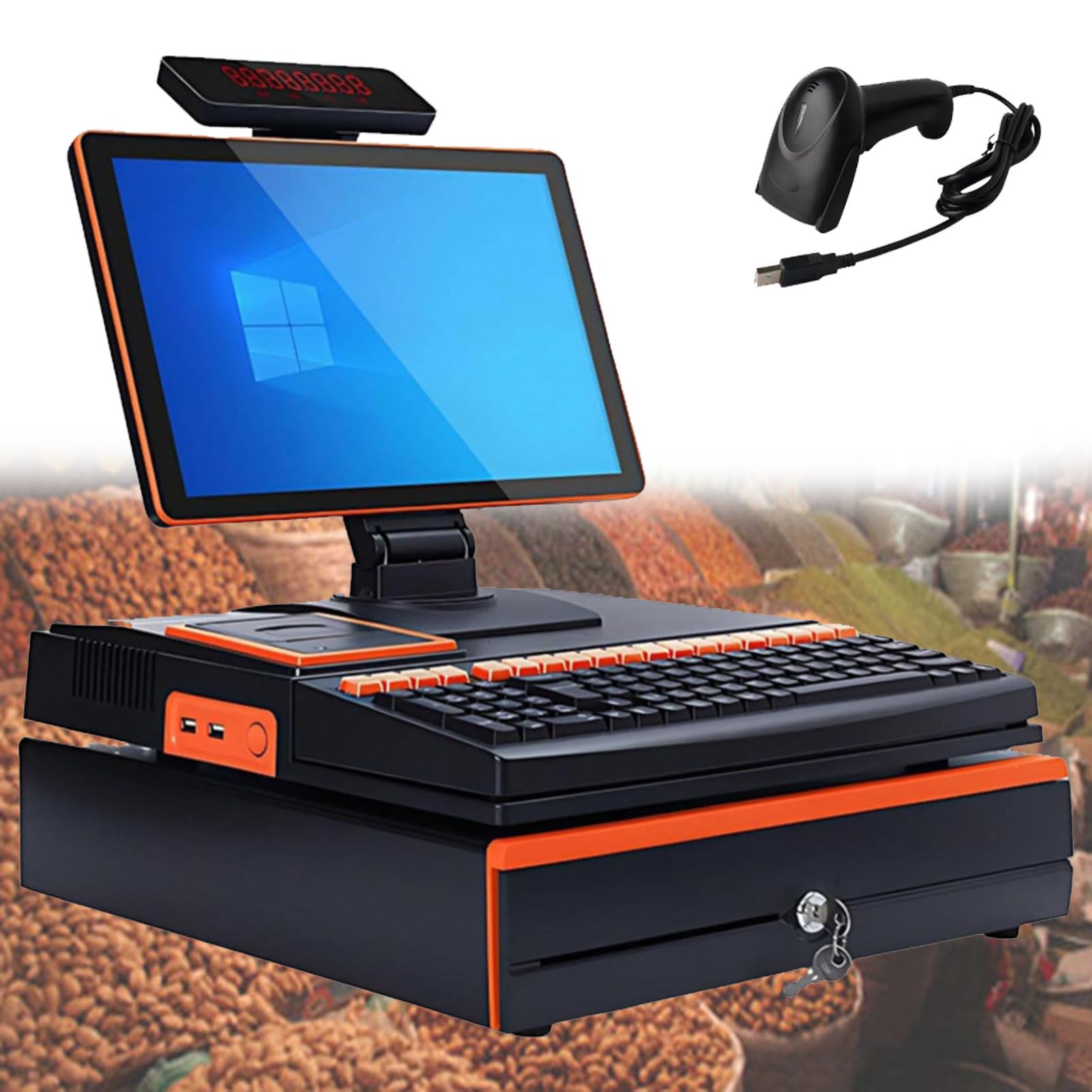 Pvxa Orange All-In-One Cash Register For Restaurants & Retail, With 15.6" Touch Screen Monitor, Cash Drawer, 58Mm Printer, Barcode Scanner, Touchscreen, For Small Business Singlescreen