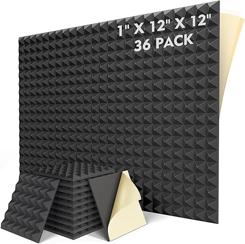 Paquete de 36 paneles de espuma autoadhesivos a prueba de sonido de 1 x 12 x 12 pulgadas, paneles acústicos de expansión rápida, paneles de pared