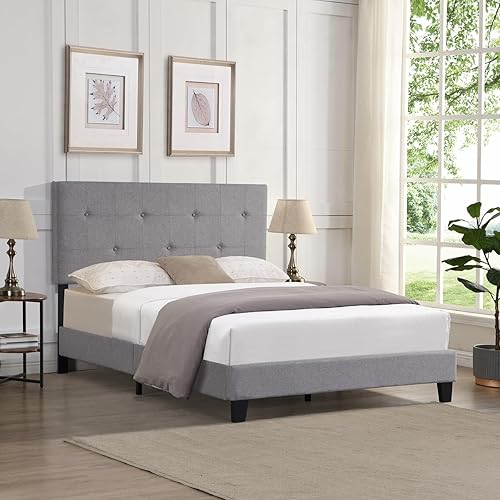 Epinki Base de cama tapizada de tamaño matrimonial con cabecera moderna de tela de lino capitoné con botones, soporte de listones de madera, color