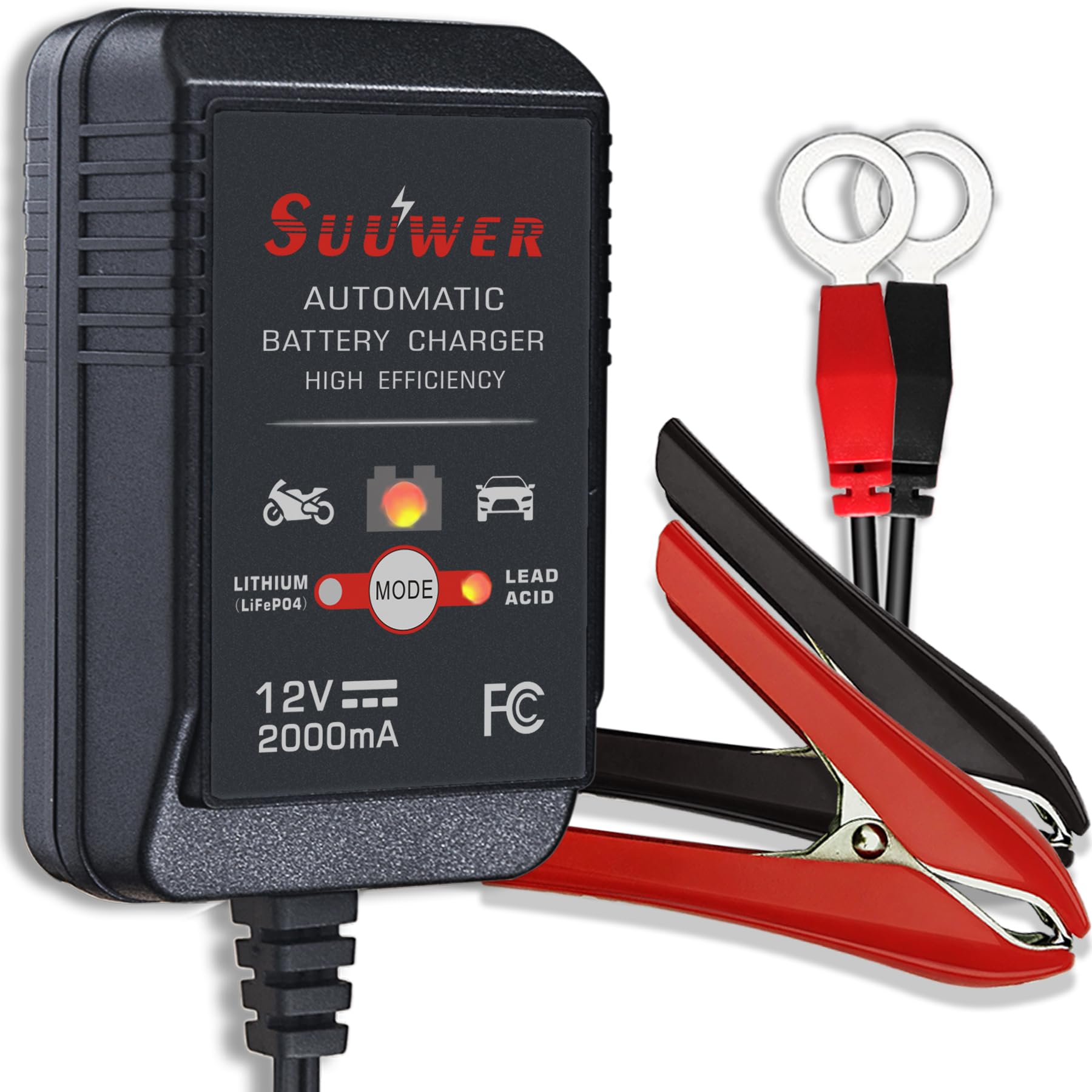 Photo 1 of Suuwer 12V 2-Amp Fully-Automatic Smart Battery Charger & Maintainer with 12FT Cord, SAE Connector, Alligator Clips, OT Terminals for AGM, SLA, Lead Acid & LiFePO4 - Car, Motorcycle, ATV, Boat